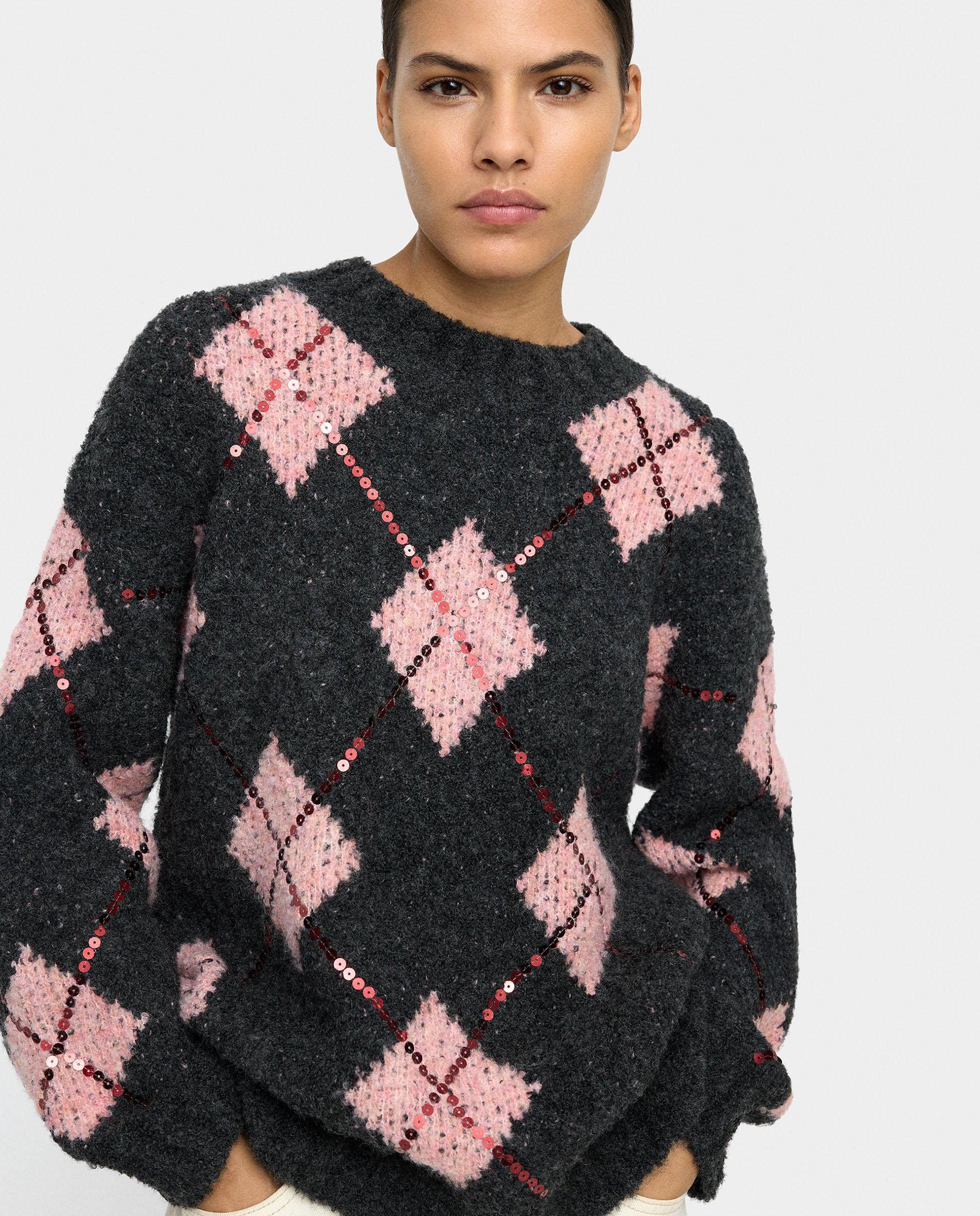 Parfois - Jersey de mujer de punto con estampado de rombos y lentejuelas decorativas.