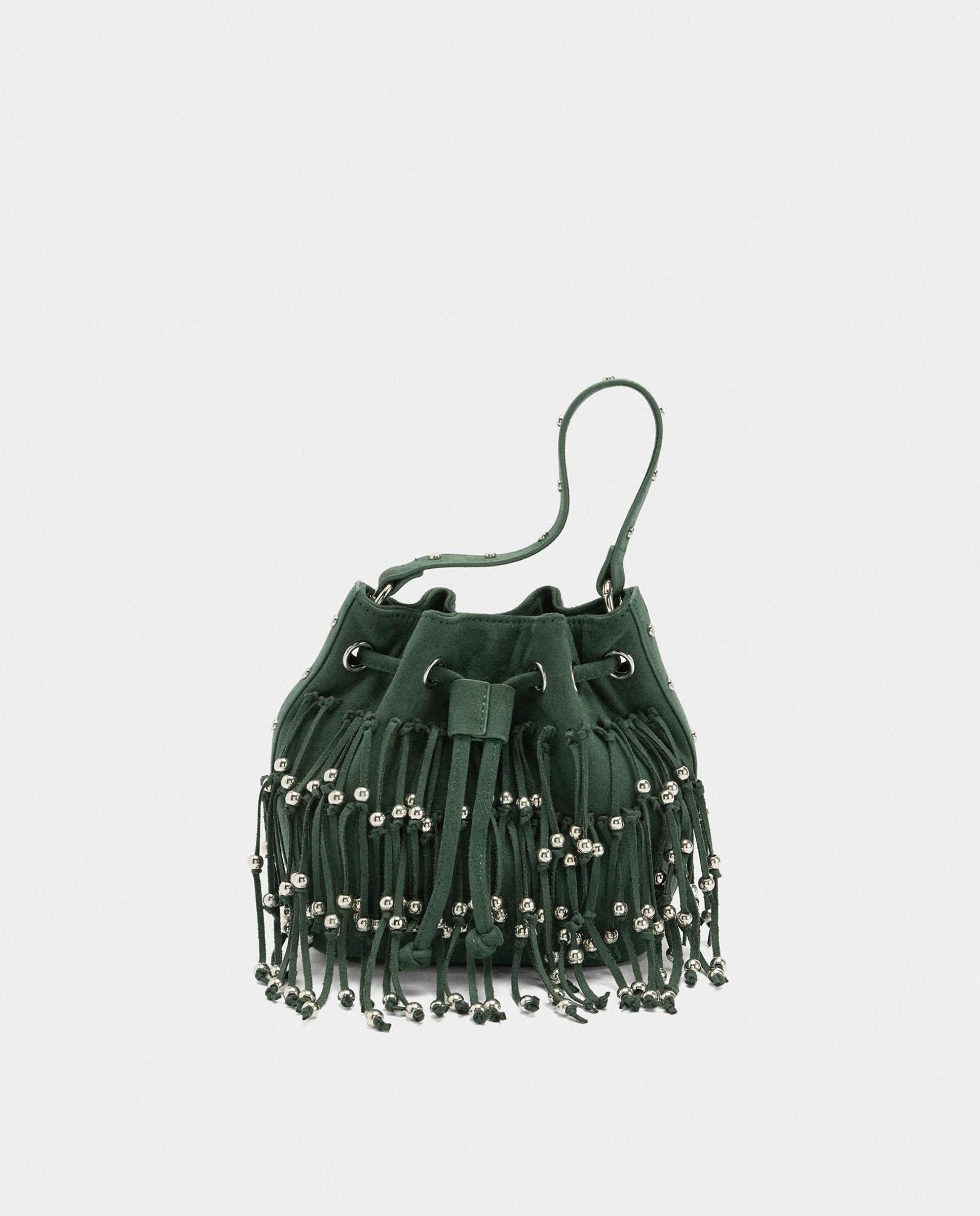 Bolso de fiesta multiposición con cuentas y flecos con cuerda en liso