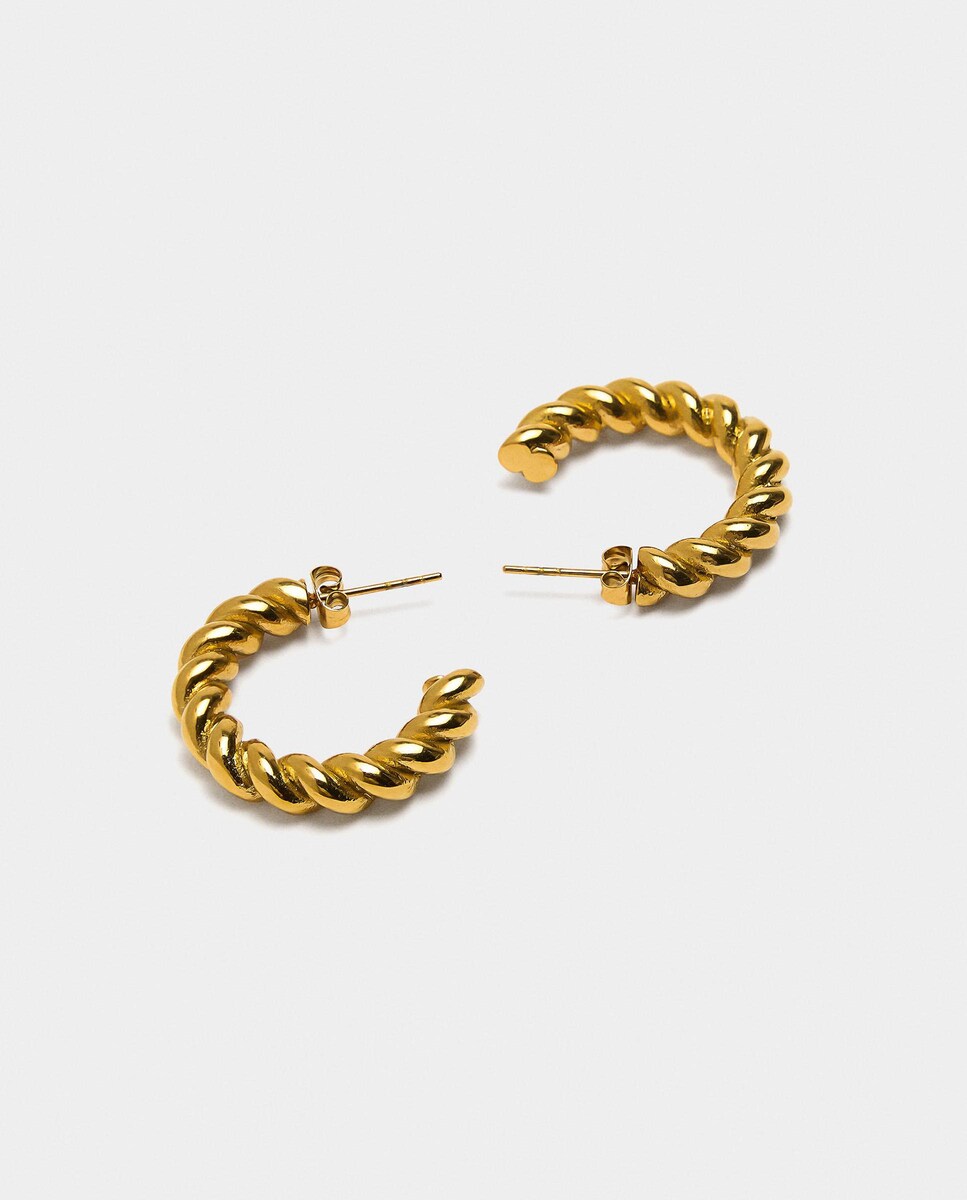 Pendientes de acero inoxidable de aro rizados en liso Oro-3