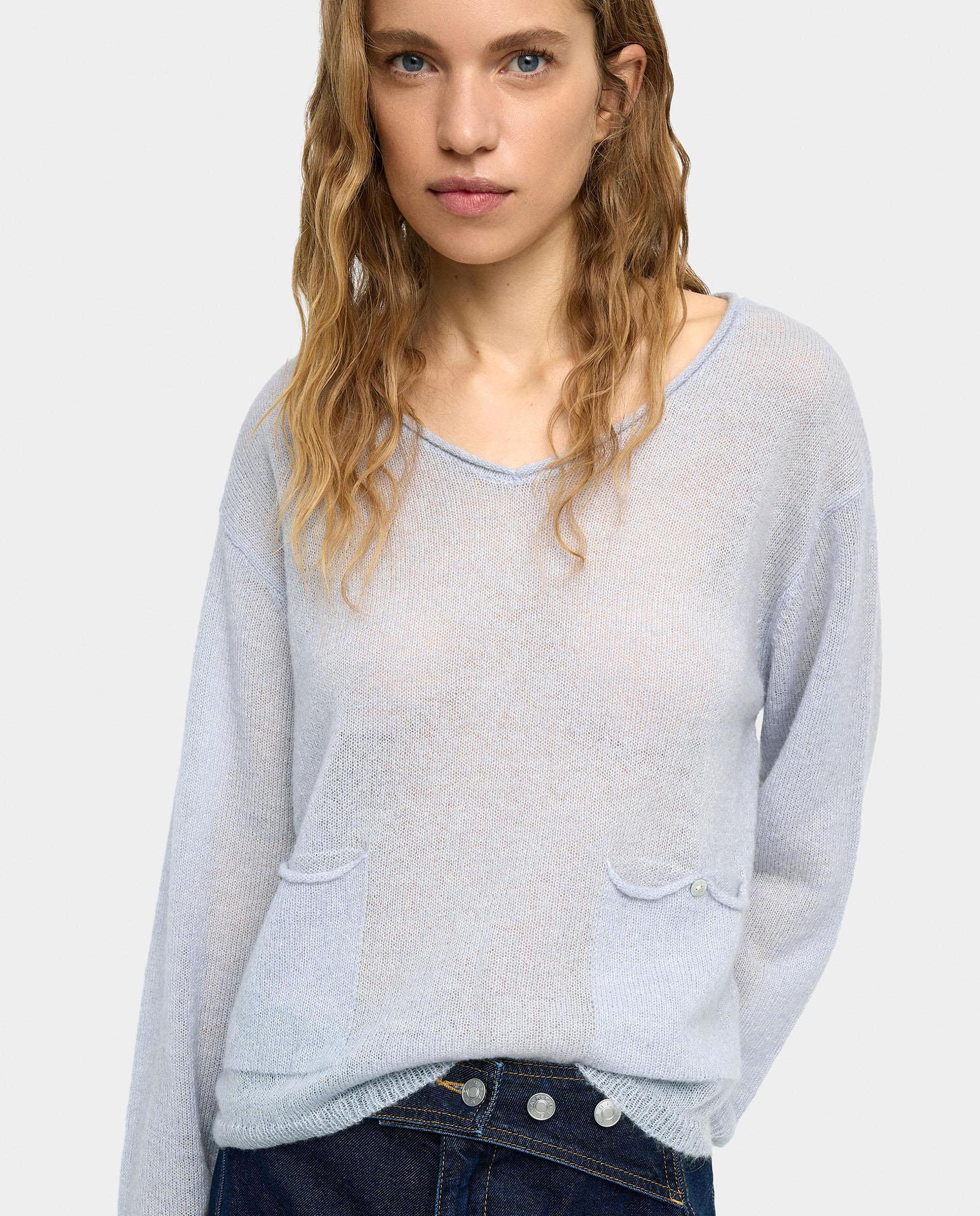 Parfois - Jersey de mujer de punto semitransparente con cuello pico y bolsillos decorativos.
