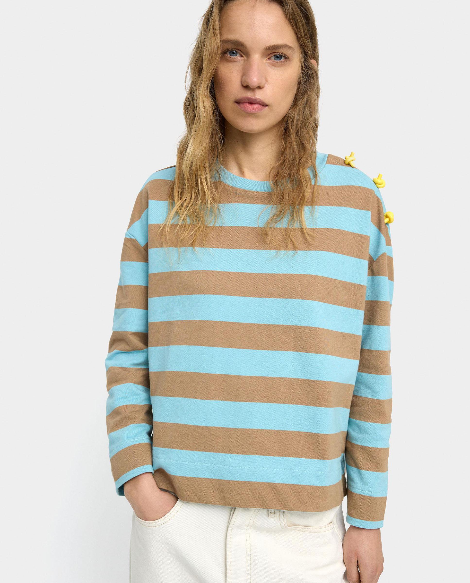 Parfois - Sudadera de mujer 100% algodón de manga larga con nudos en hombros y estampado de rayas.