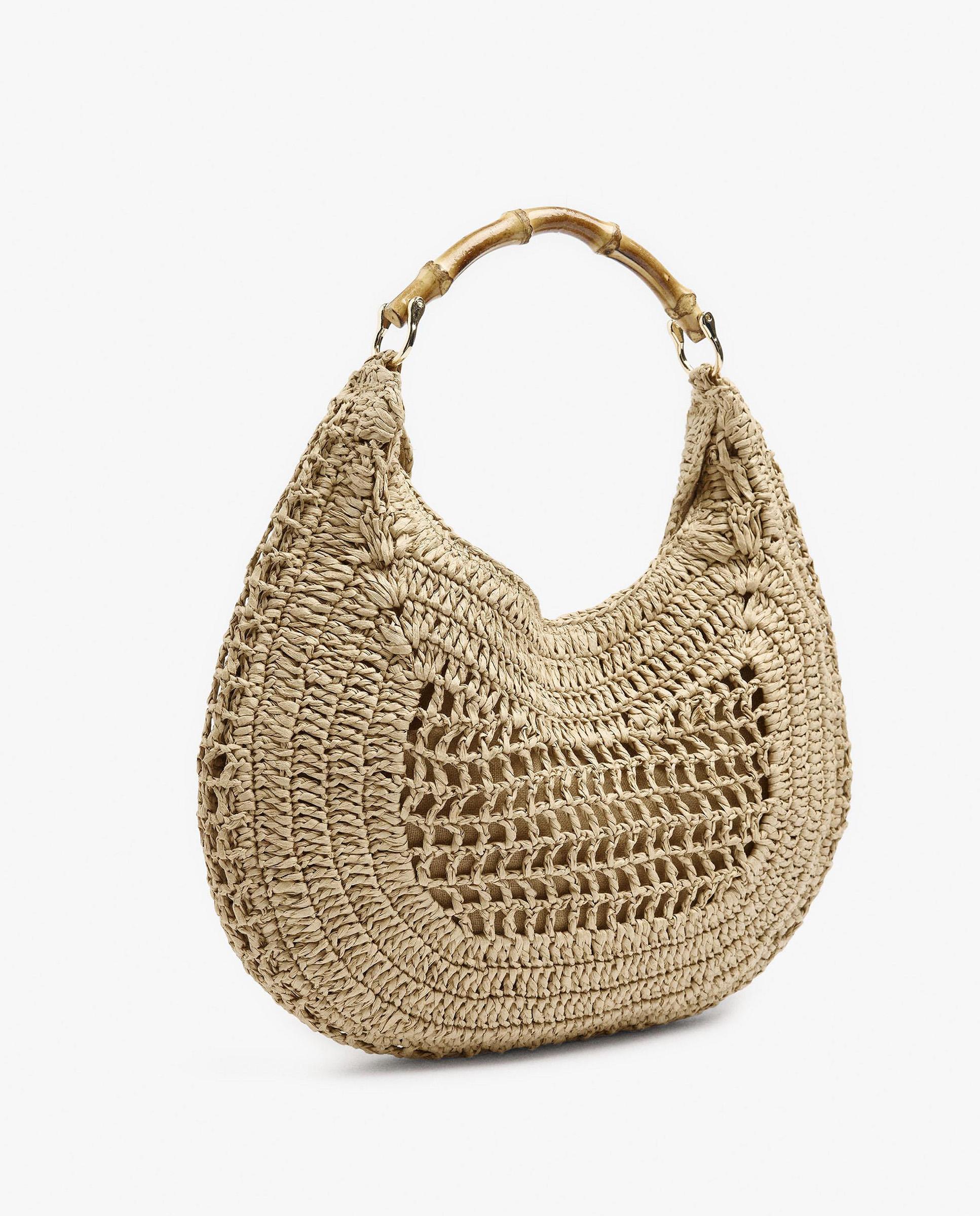 Bolso de hombro estilo hobo efecto rafia con detalle de asa de bambú y cierre imantado en liso - Parfois - Natural Natural-4