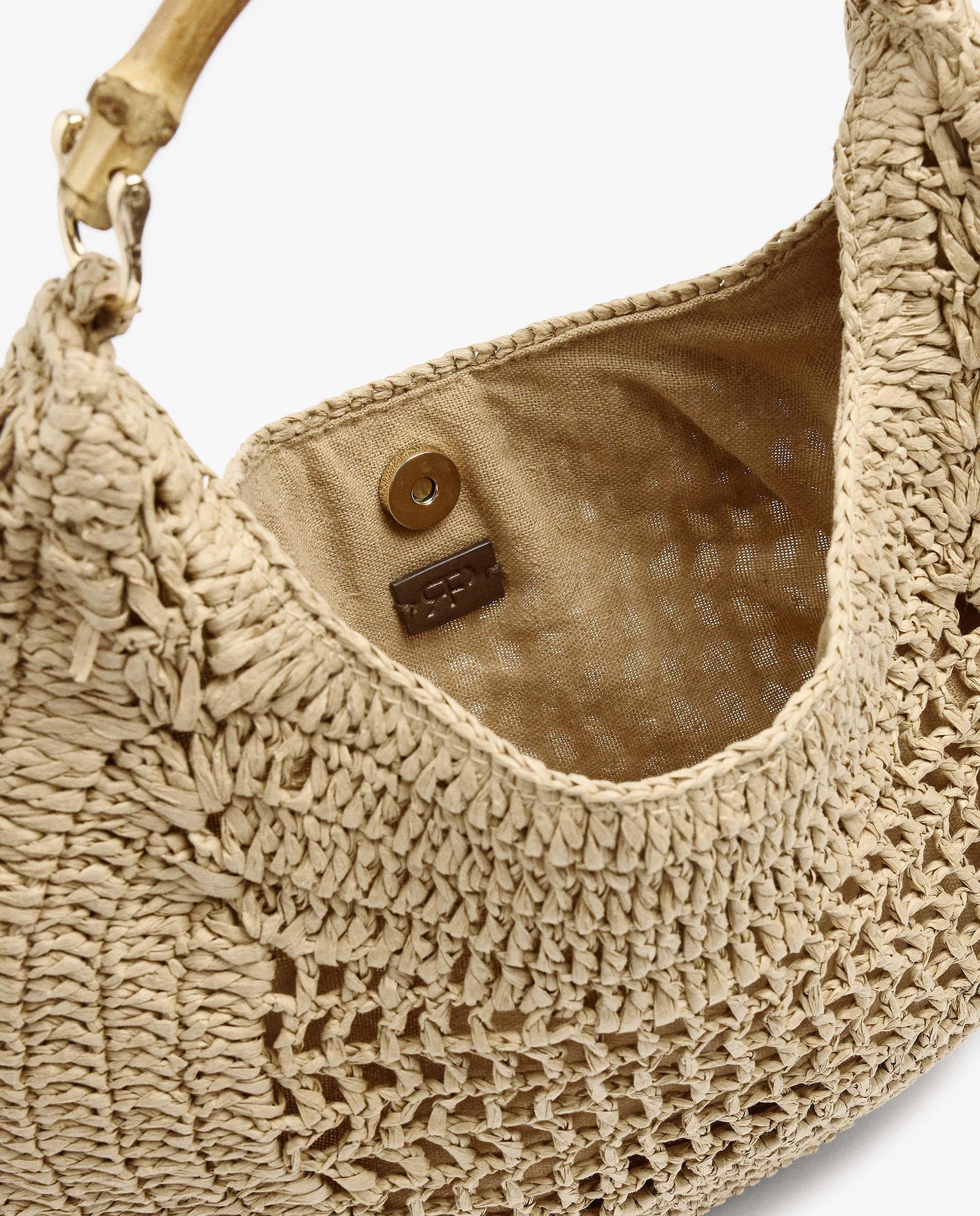 Bolso de hombro estilo hobo efecto rafia con detalle de asa de bambú y cierre imantado en liso - Parfois - Natural Natural-5