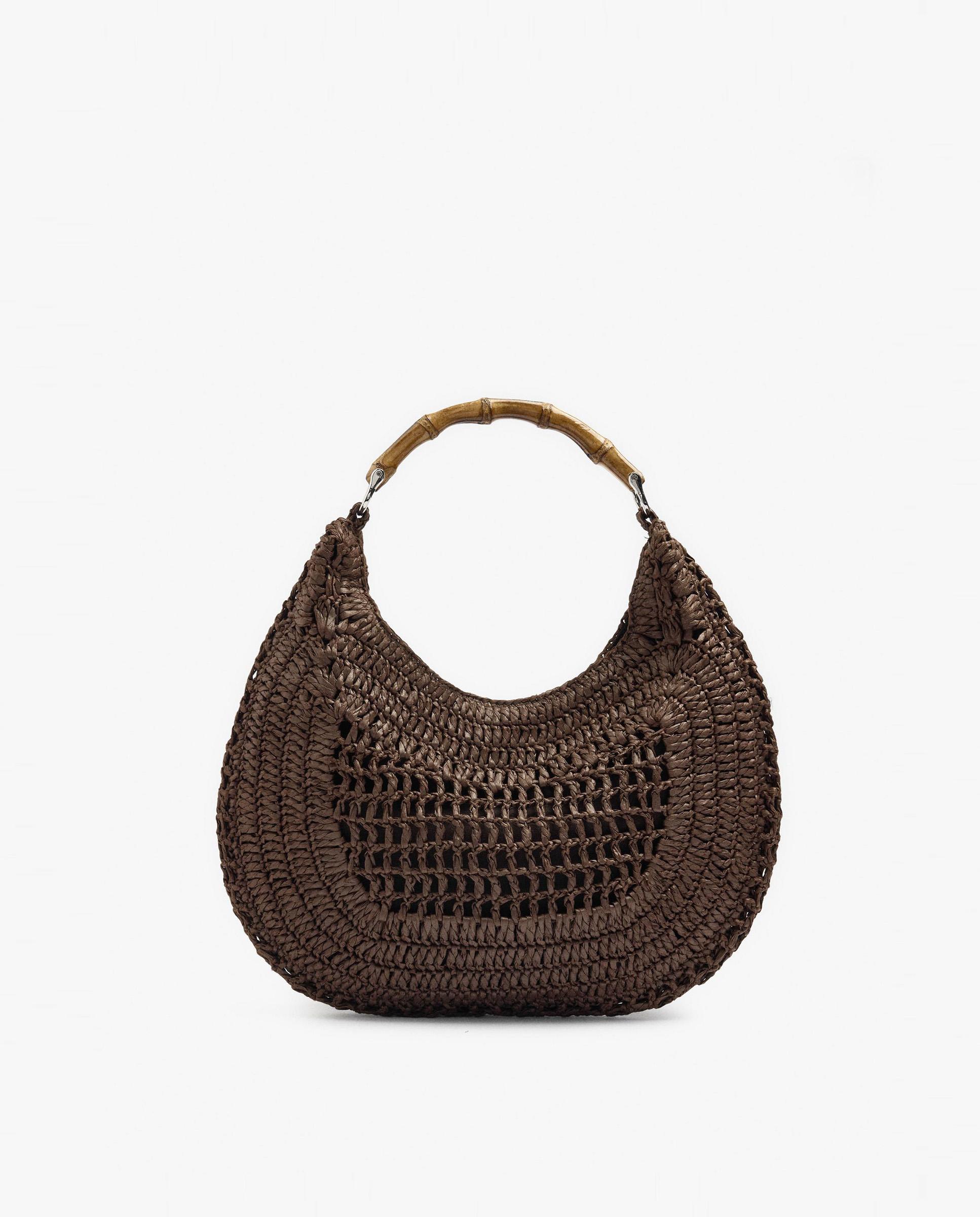 Bolso de hombro estilo hobo efecto rafia con detalle de asa de bambú y cierre imantado en liso - Parfois - Marrón oscuro Marrón oscuro-1