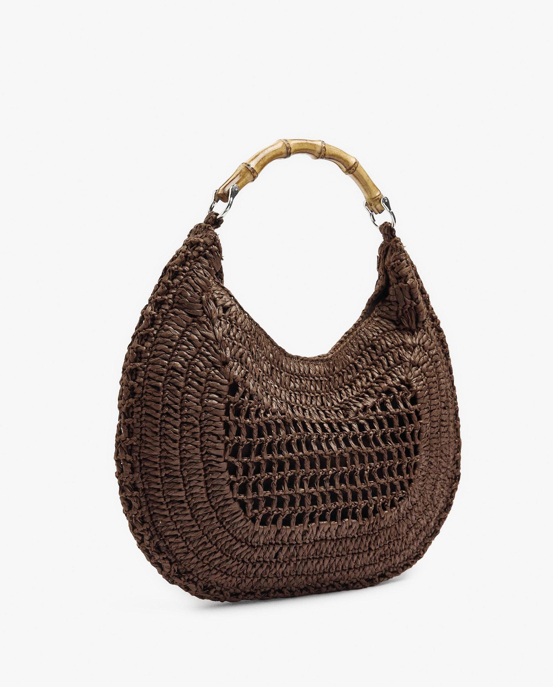 Bolso de hombro estilo hobo efecto rafia con detalle de asa de bambú y cierre imantado en liso - Parfois - Marrón oscuro Marrón oscuro-4