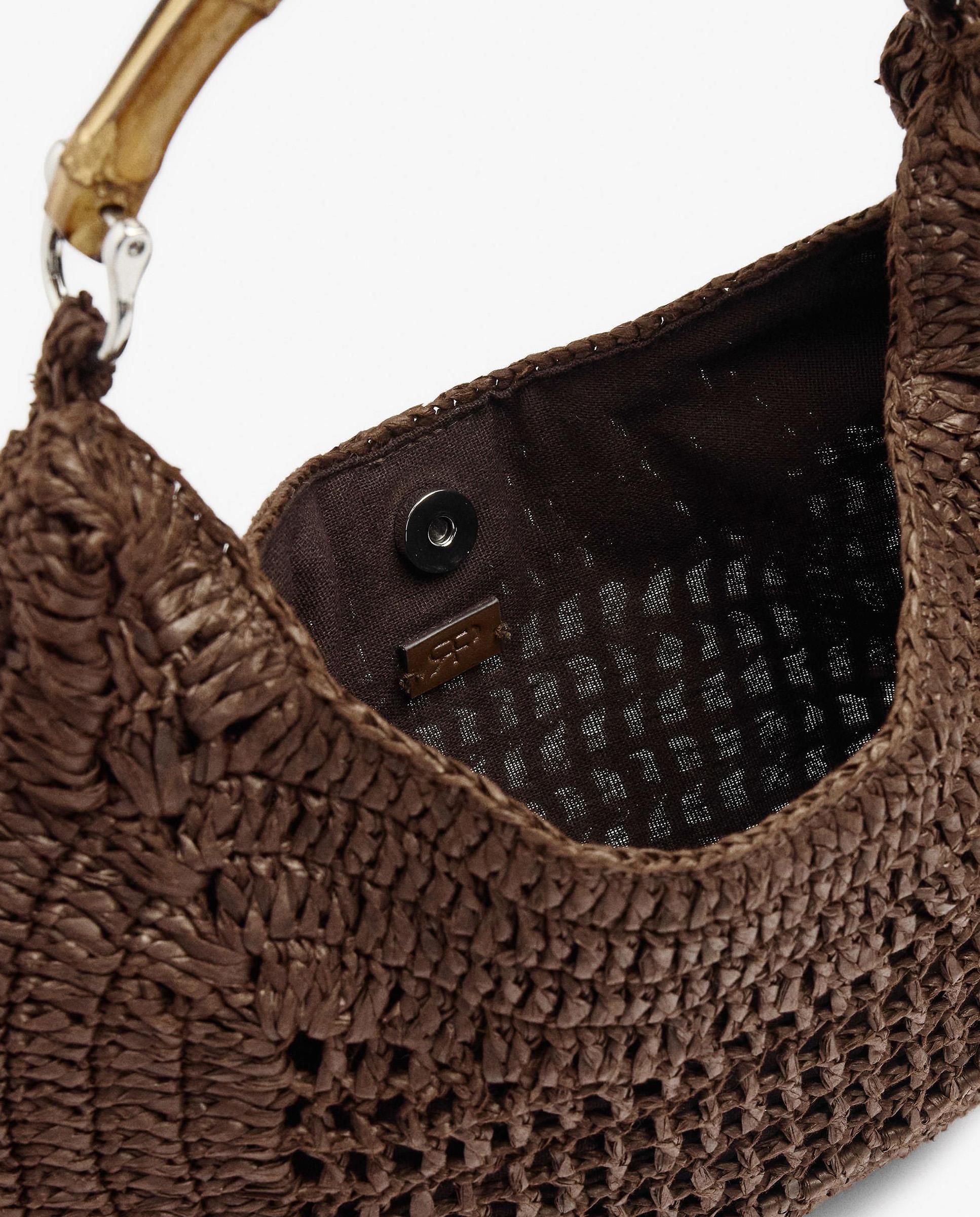 Bolso de hombro estilo hobo efecto rafia con detalle de asa de bambú y cierre imantado en liso - Parfois - Marrón oscuro Marrón oscuro-5