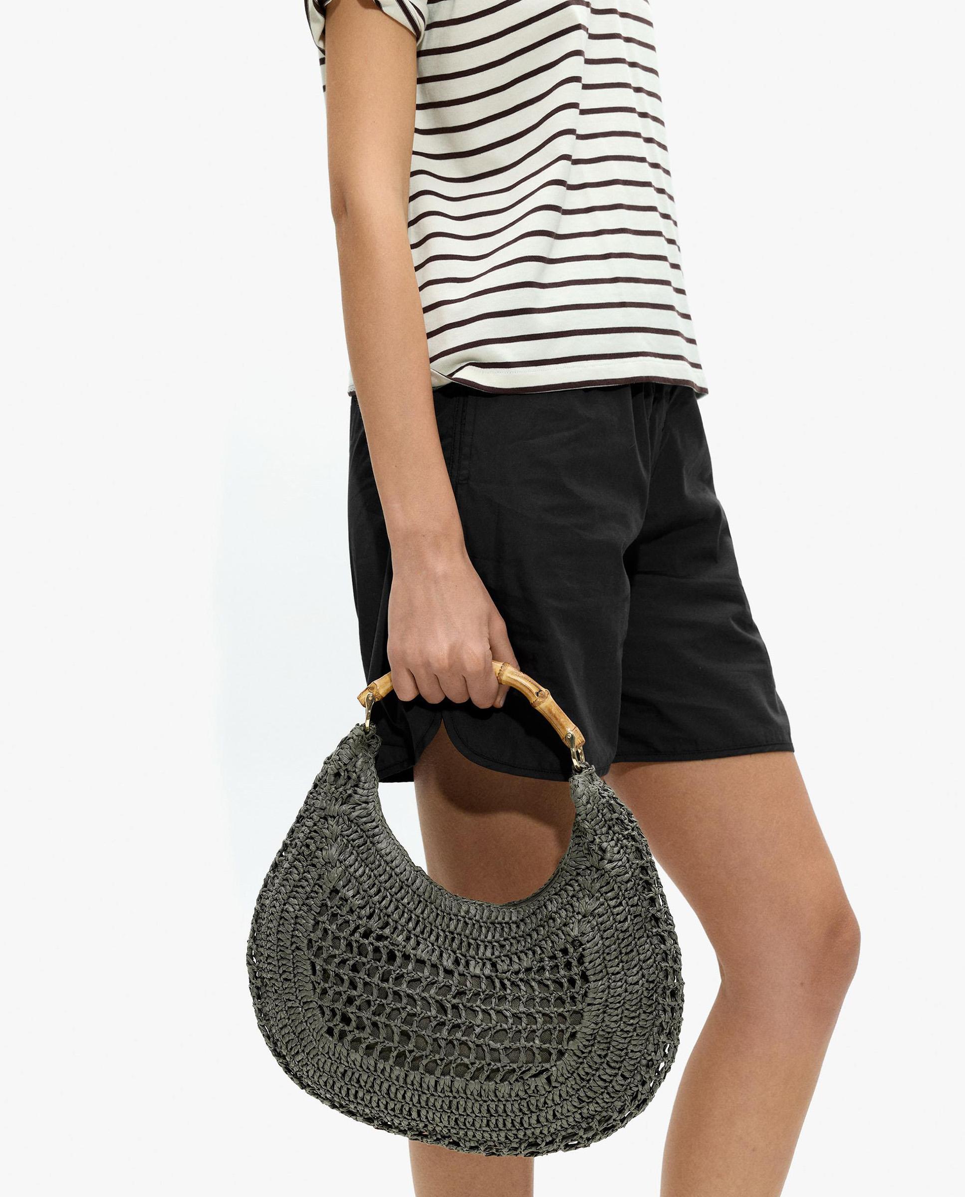 Bolso de hombro estilo hobo efecto rafia con detalle de asa de bambú y cierre imantado en liso - Parfois - Kaki Kaki-2