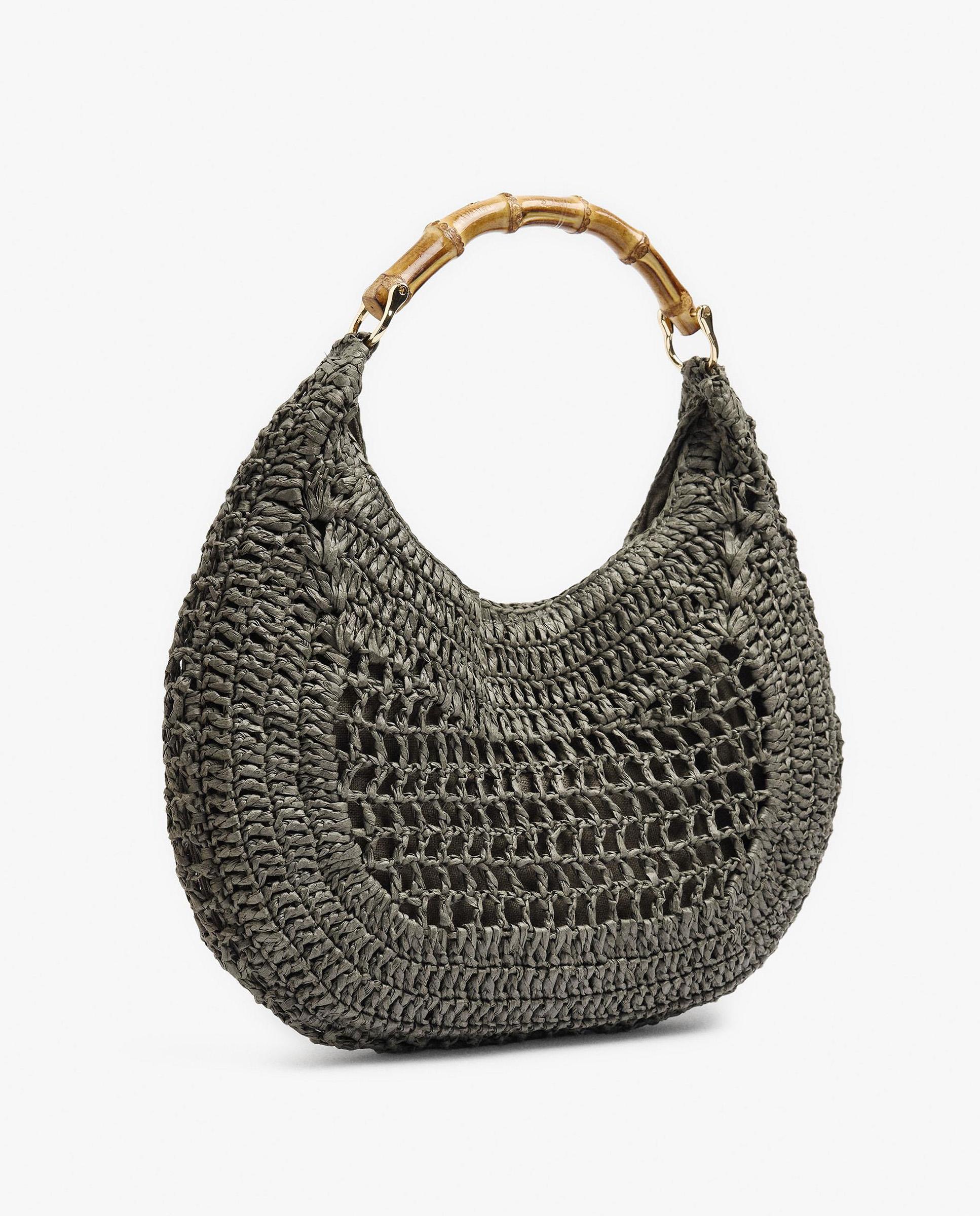 Bolso de hombro estilo hobo efecto rafia con detalle de asa de bambú y cierre imantado en liso - Parfois - Kaki Kaki-4