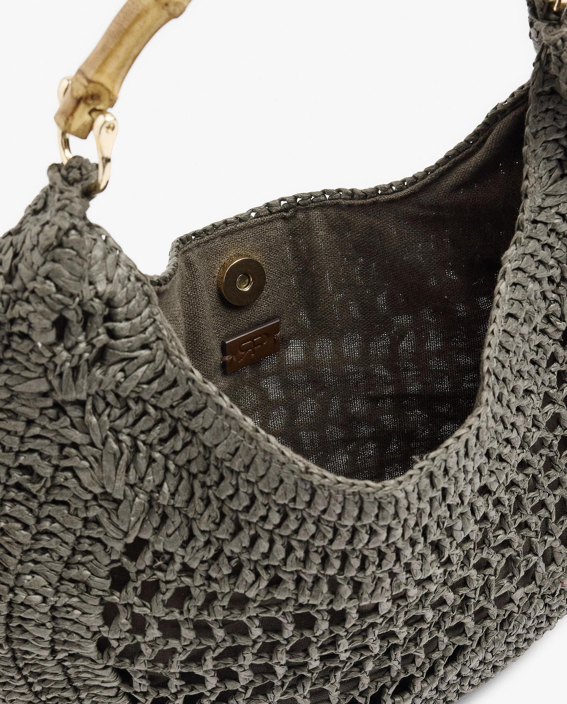 Bolso de hombro estilo hobo efecto rafia con detalle de asa de bambú y cierre imantado en liso - Parfois - Kaki Kaki-5