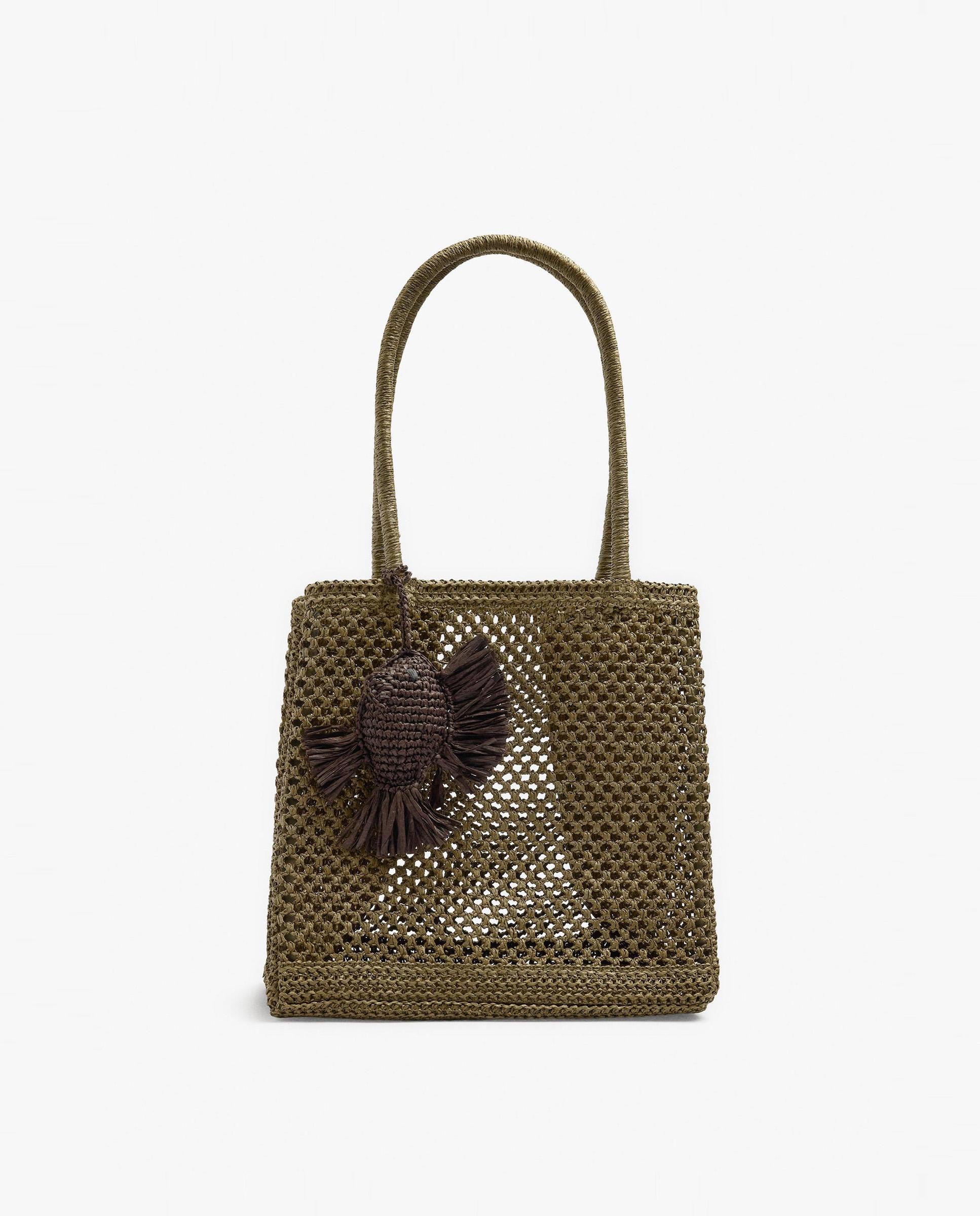 Shopper grande trenzado con llavero extraíble de pescado en liso - Parfois - Verde Verde-1