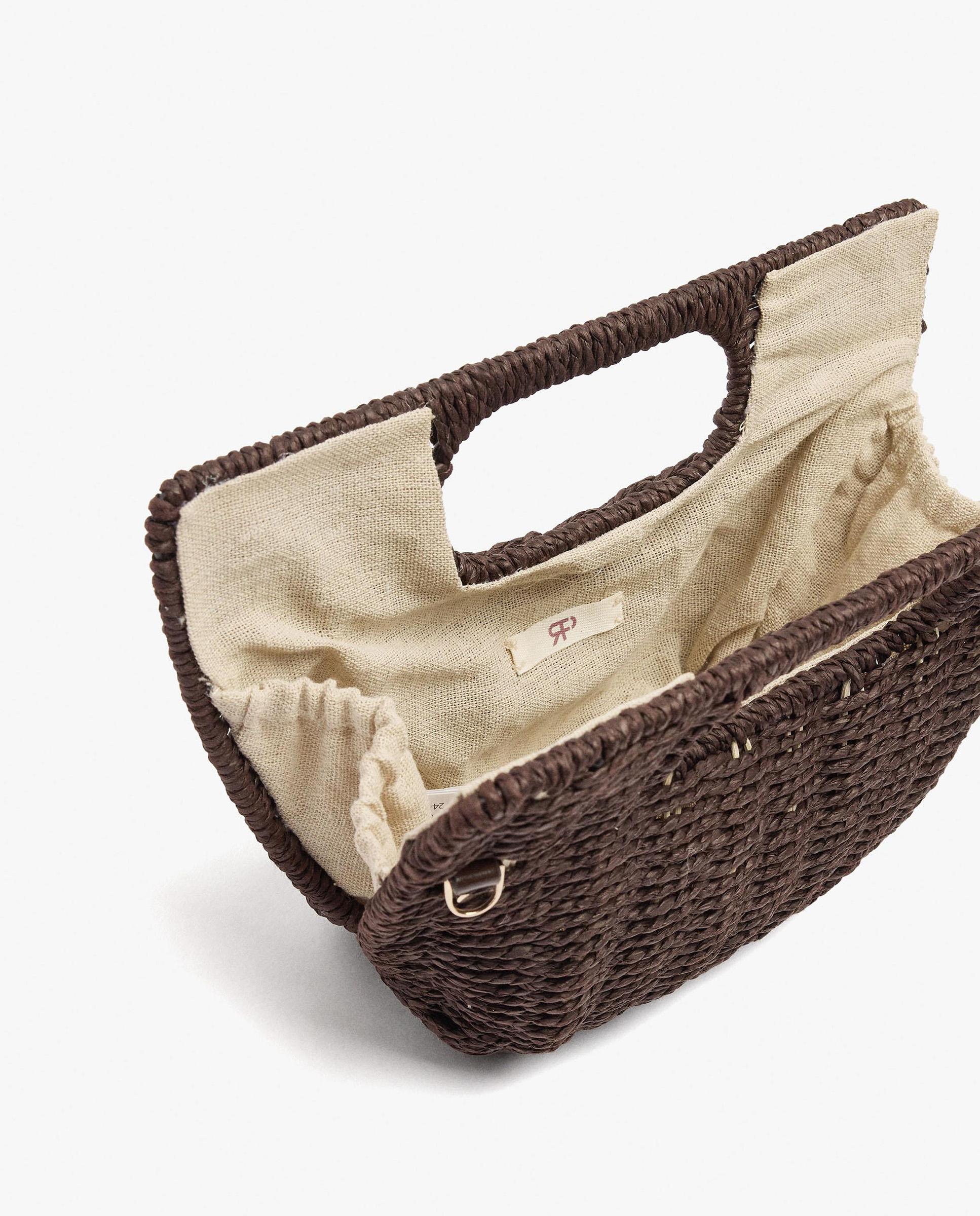 Bolso de fiesta efecto rafia convertible a bandolera con cierre imantado en liso - Parfois - Marrón oscuro Marrón oscuro-4