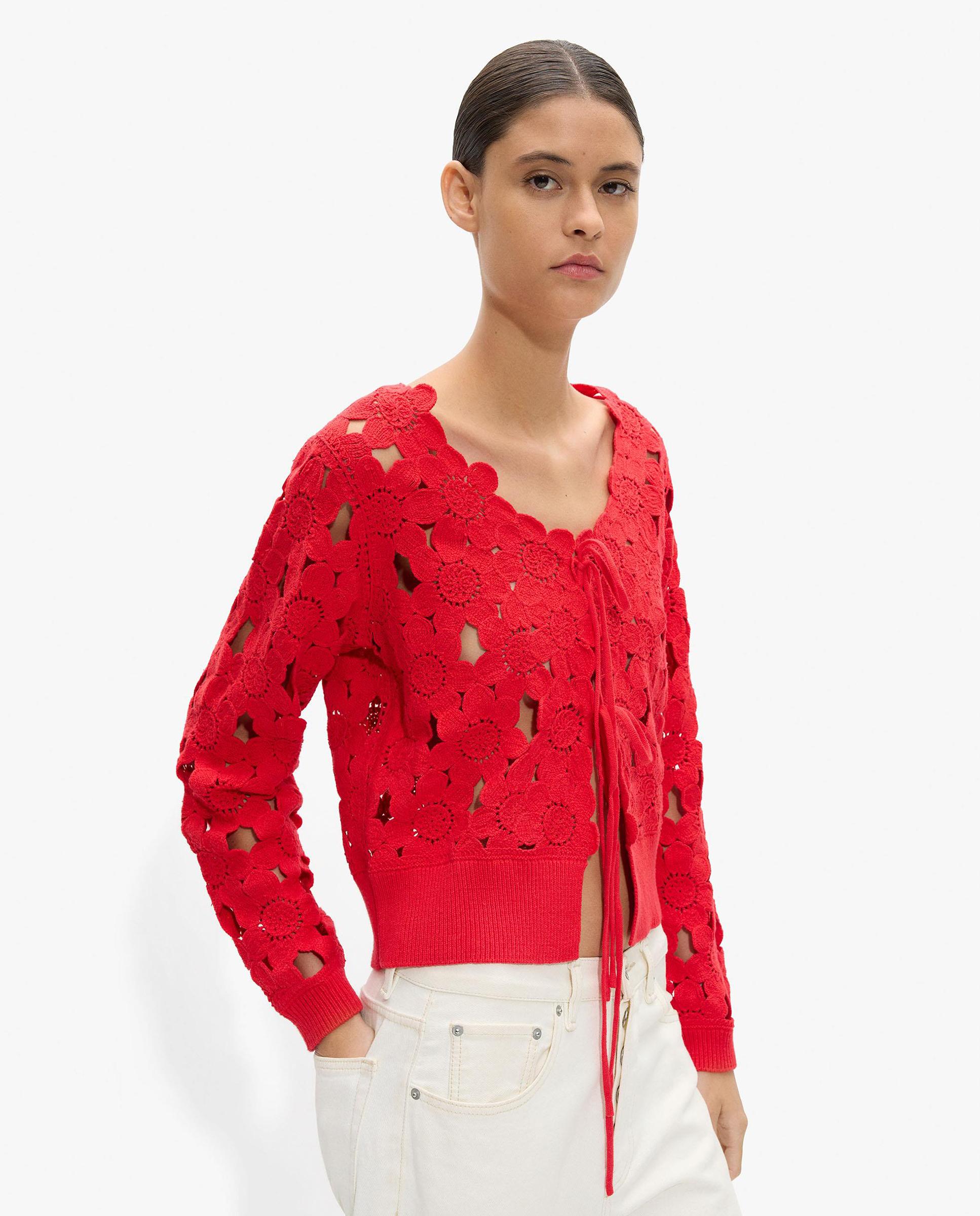 Cárdigan de mujer de punto con crochet y cordón para anudar - Parfois - Rojo Rojo-1