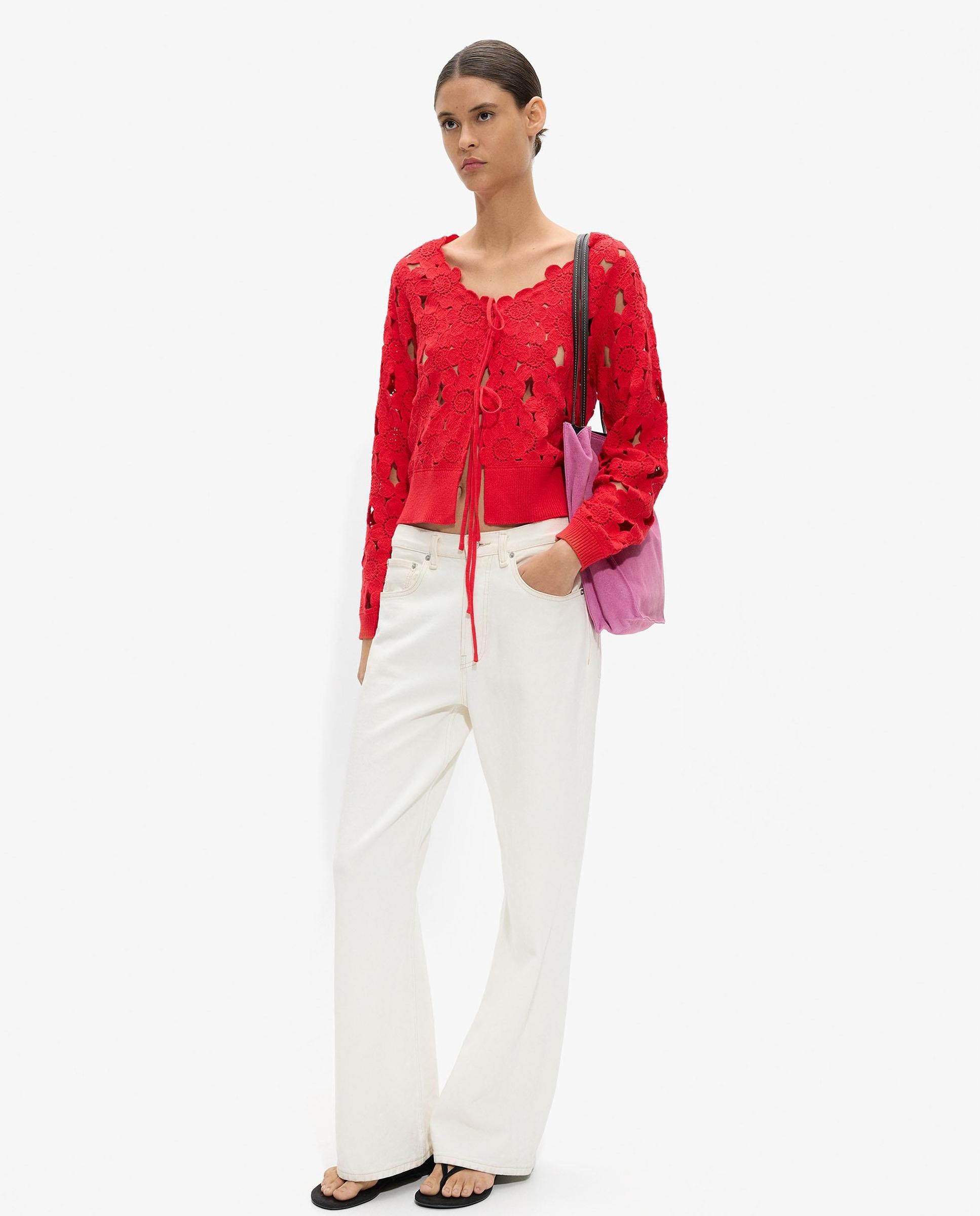 Cárdigan de mujer de punto con crochet y cordón para anudar - Parfois - Rojo Rojo-2