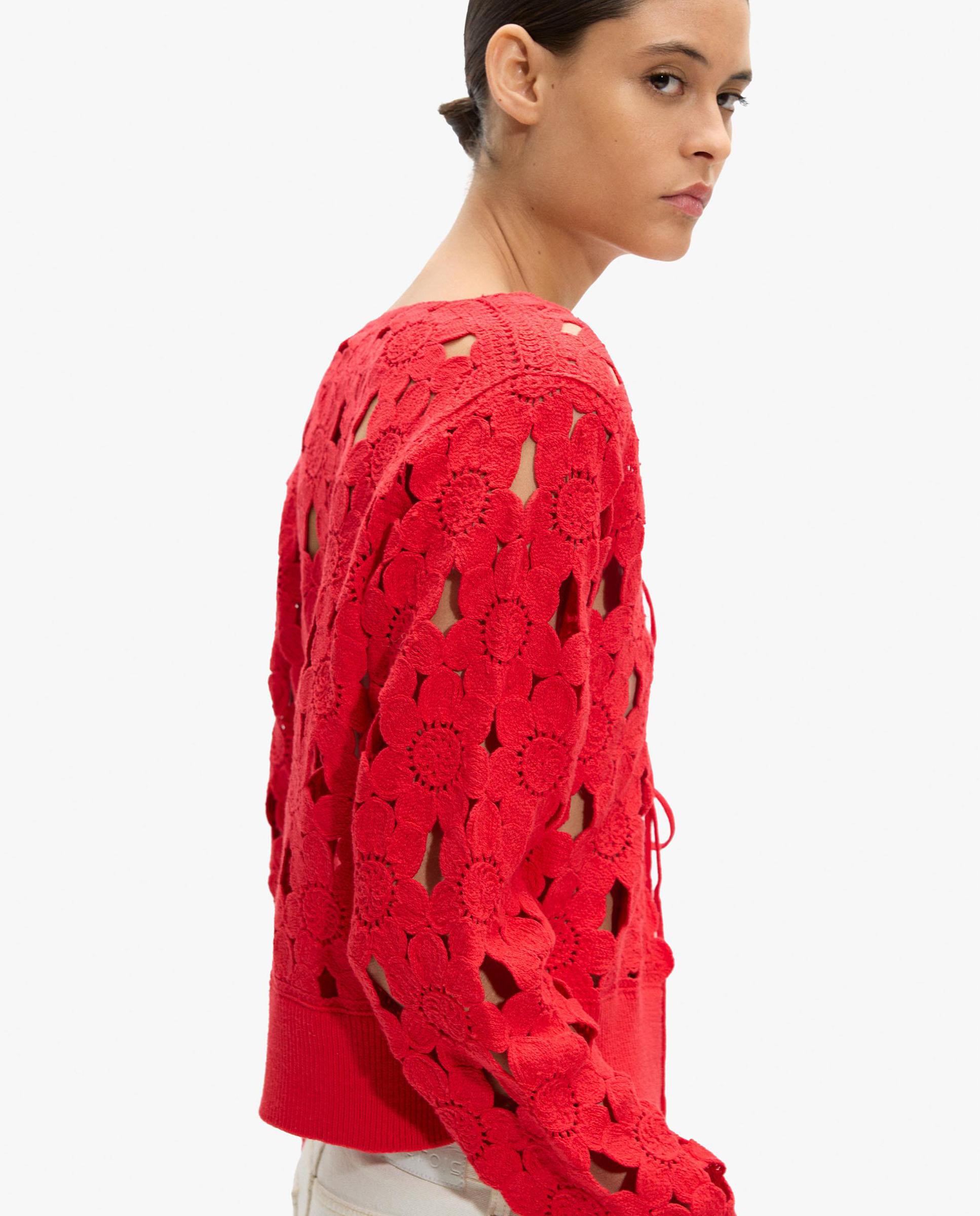 Cárdigan de mujer de punto con crochet y cordón para anudar - Parfois - Rojo Rojo-3