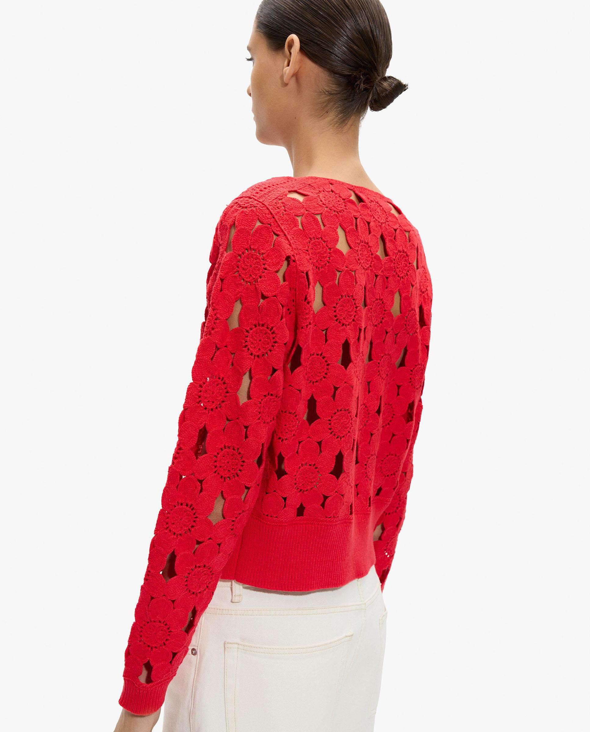 Cárdigan de mujer de punto con crochet y cordón para anudar - Parfois - Rojo Rojo-4