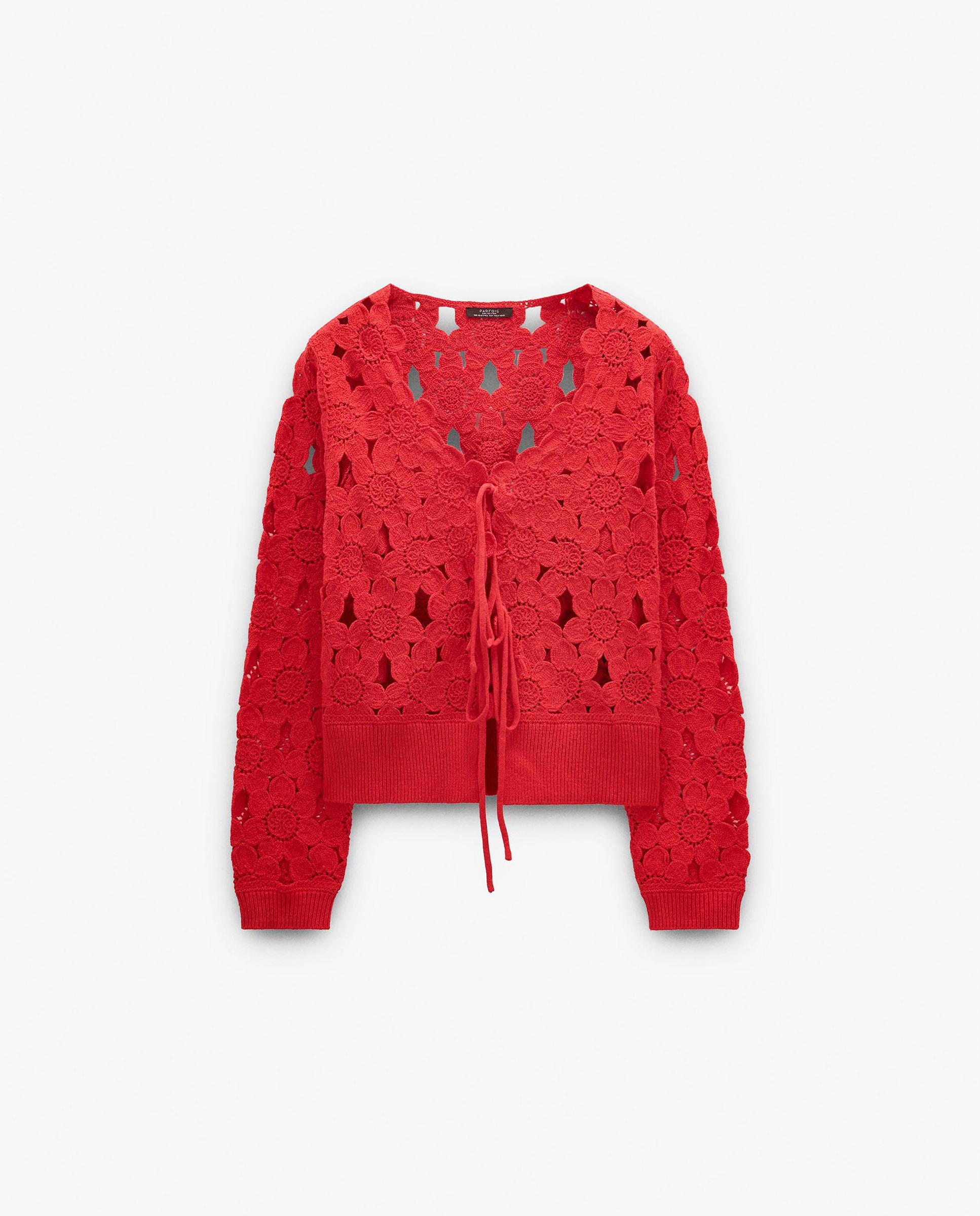 Cárdigan de mujer de punto con crochet y cordón para anudar - Parfois - Rojo Rojo-6