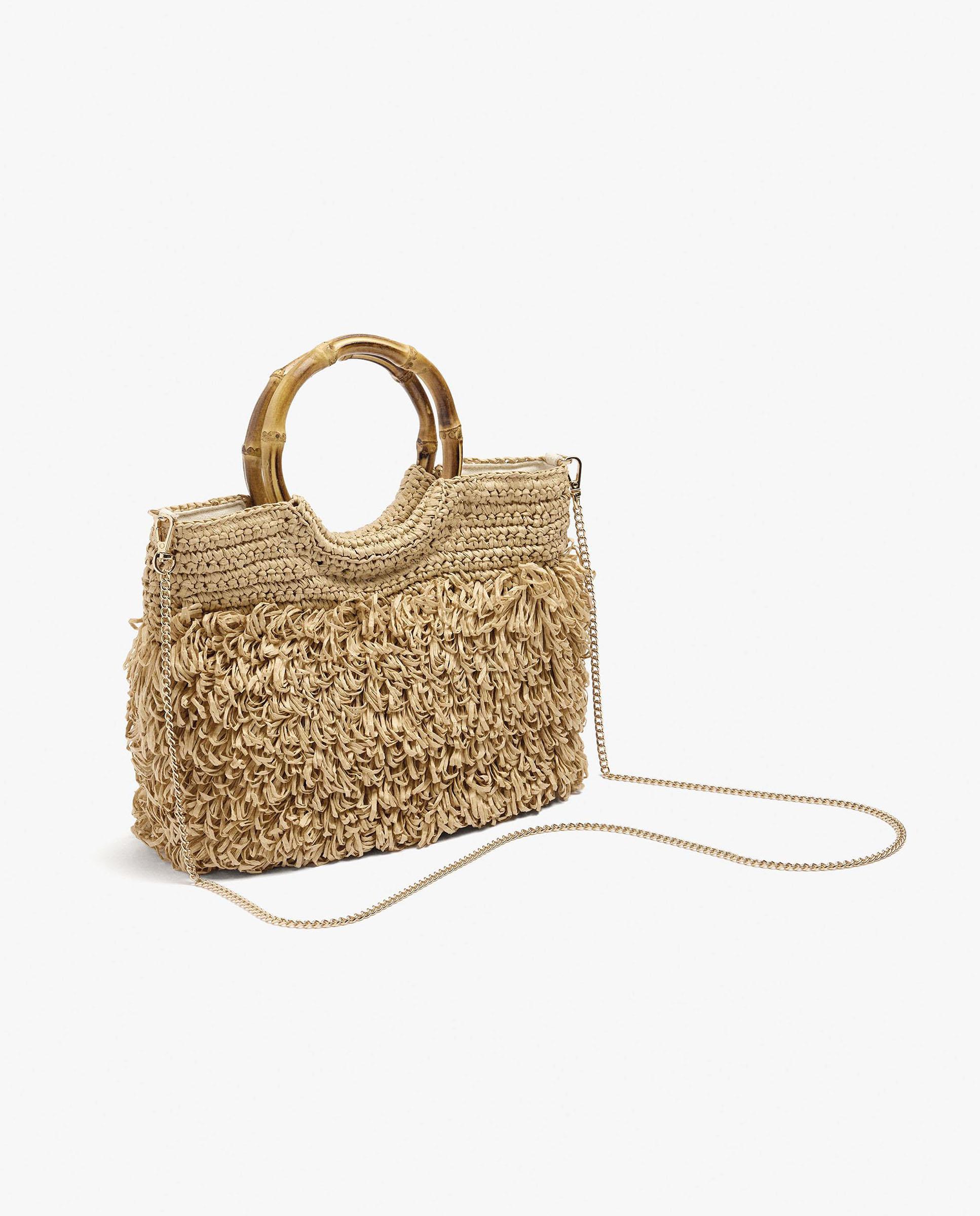 Bolso de fiesta convertible a bandolera efecto rafia con cierre de imán y flecos en liso - Parfois - Natural Natural-2