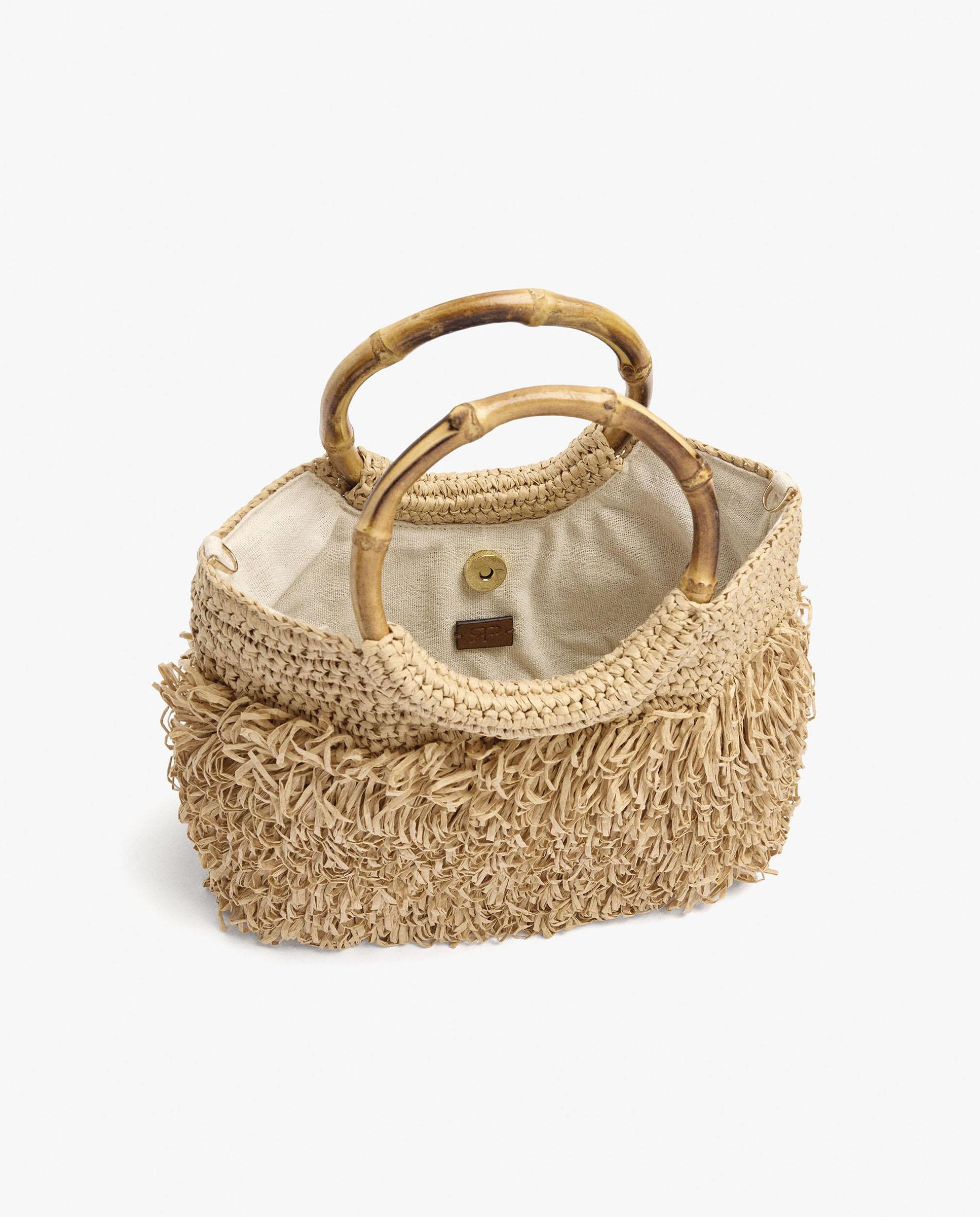 Bolso de fiesta convertible a bandolera efecto rafia con cierre de imán y flecos en liso - Parfois - Natural Natural-4