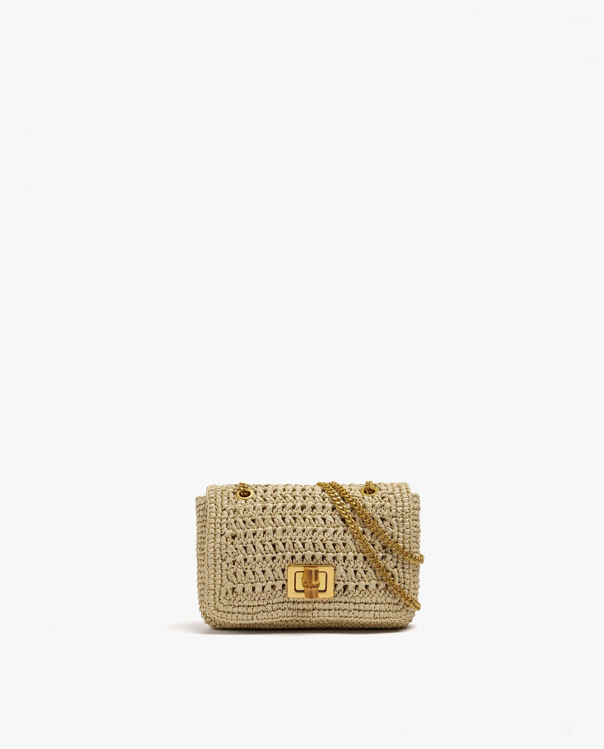 Bolso de fiesta convertible a bandolera efecto rafia con solapa y cierre de botón en liso - Parfois - Natural Natural-1