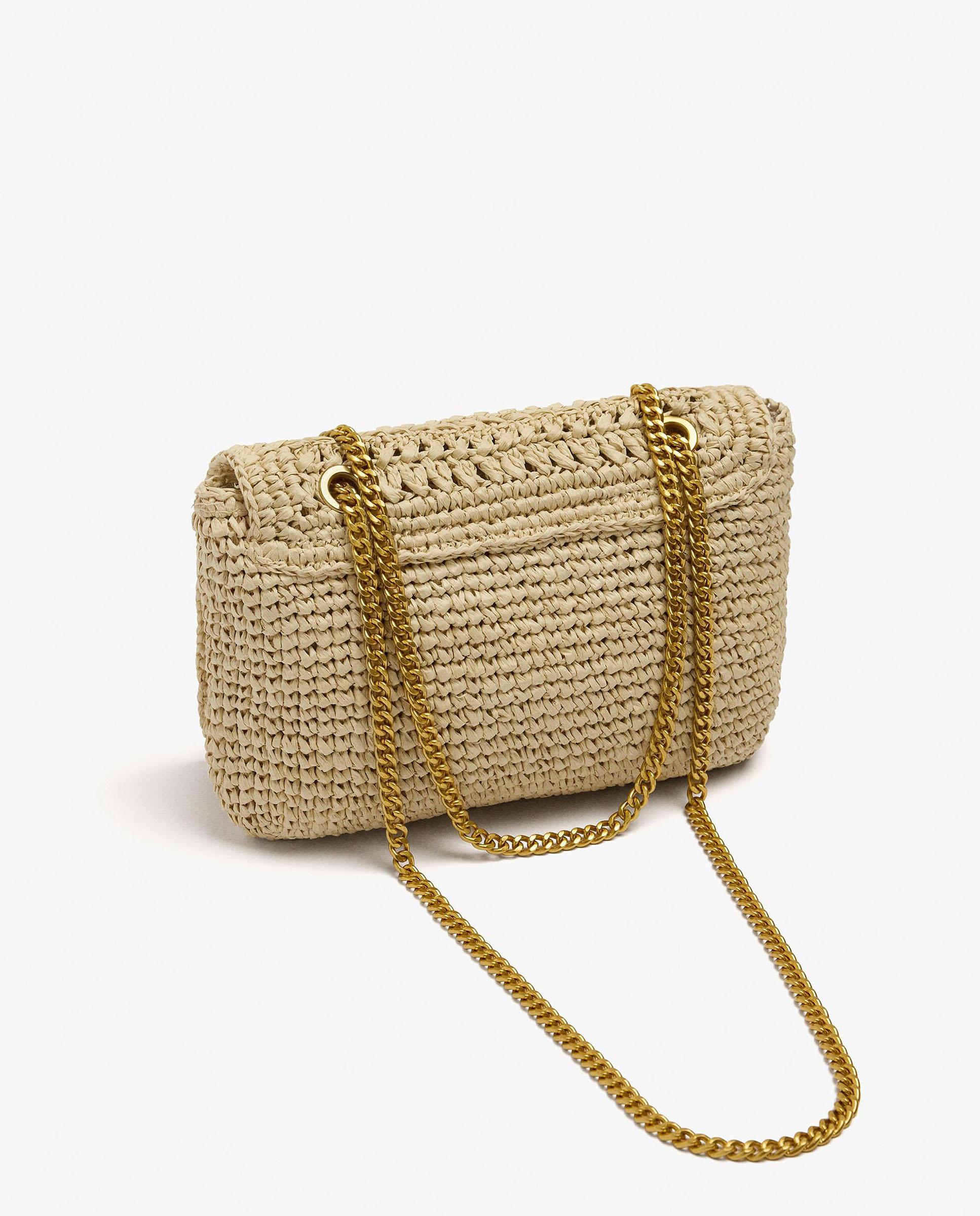 Bolso de fiesta convertible a bandolera efecto rafia con solapa y cierre de botón en liso - Parfois - Natural Natural-2