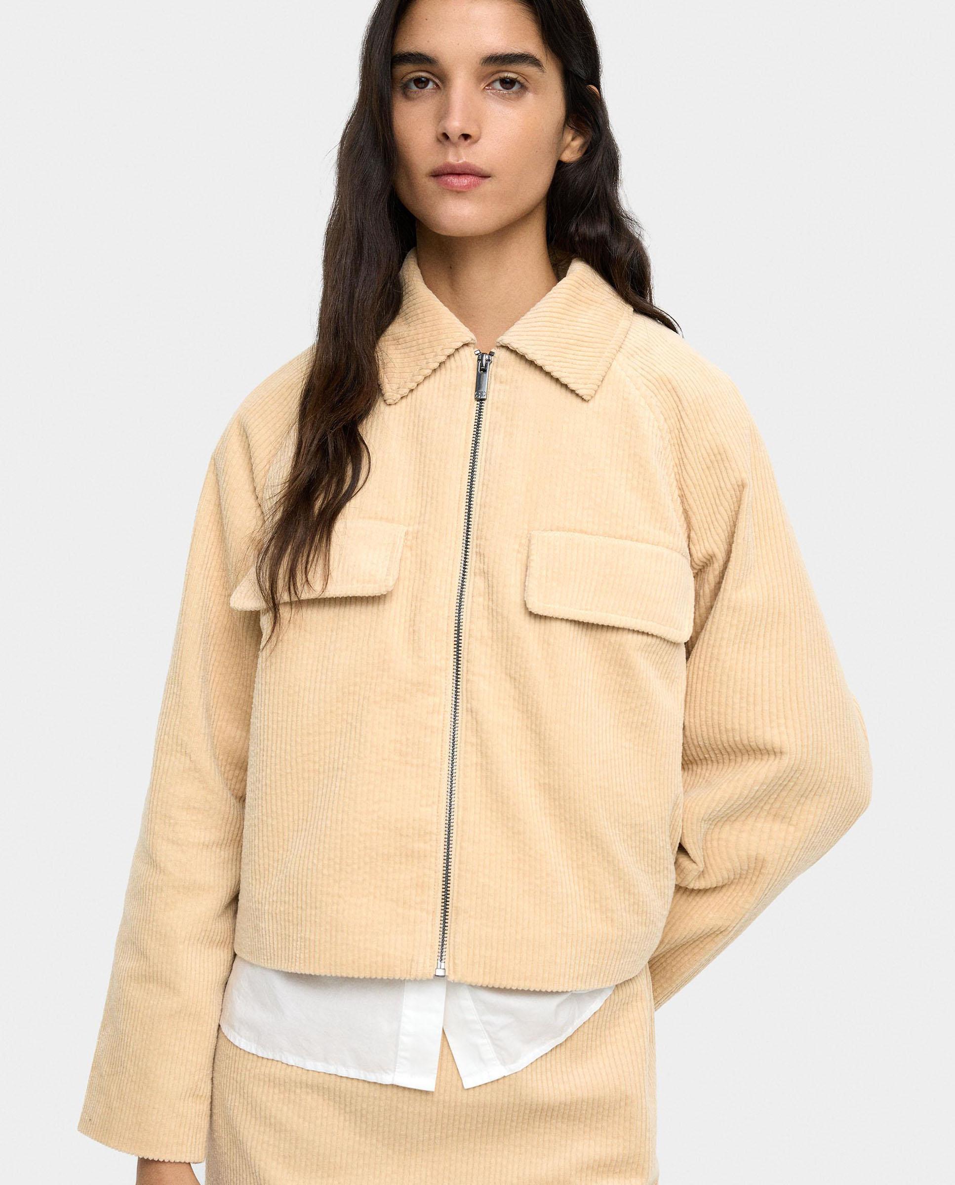 Parfois - Chaqueta de mujer 100% algodón de pana con cierre de cremallera.