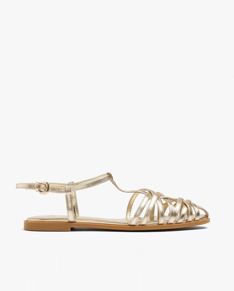 Sandalias planas de mujer estilo cangrejeras con cierre de hebilla - Parfois - Oro Oro-1