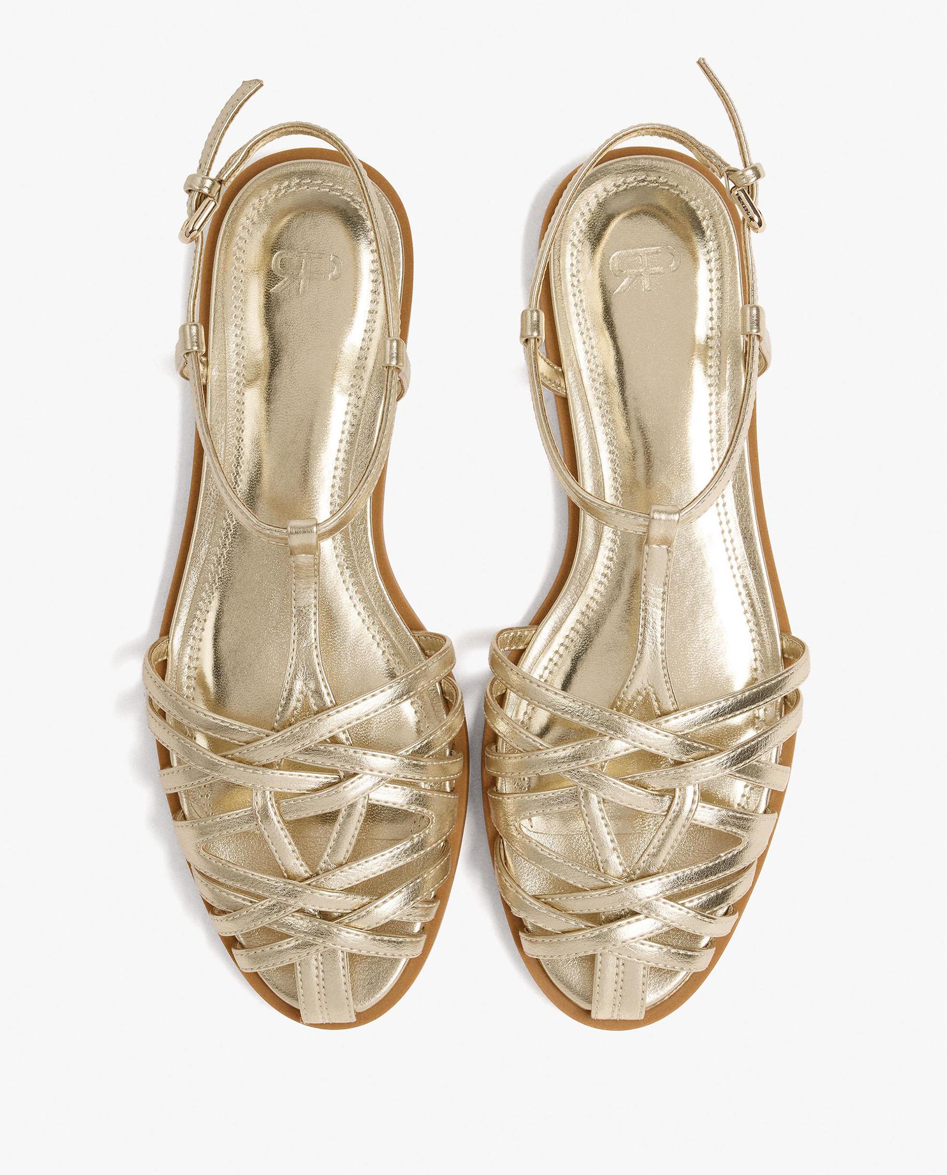 Sandalias planas de mujer estilo cangrejeras con cierre de hebilla - Parfois - Oro Oro-3