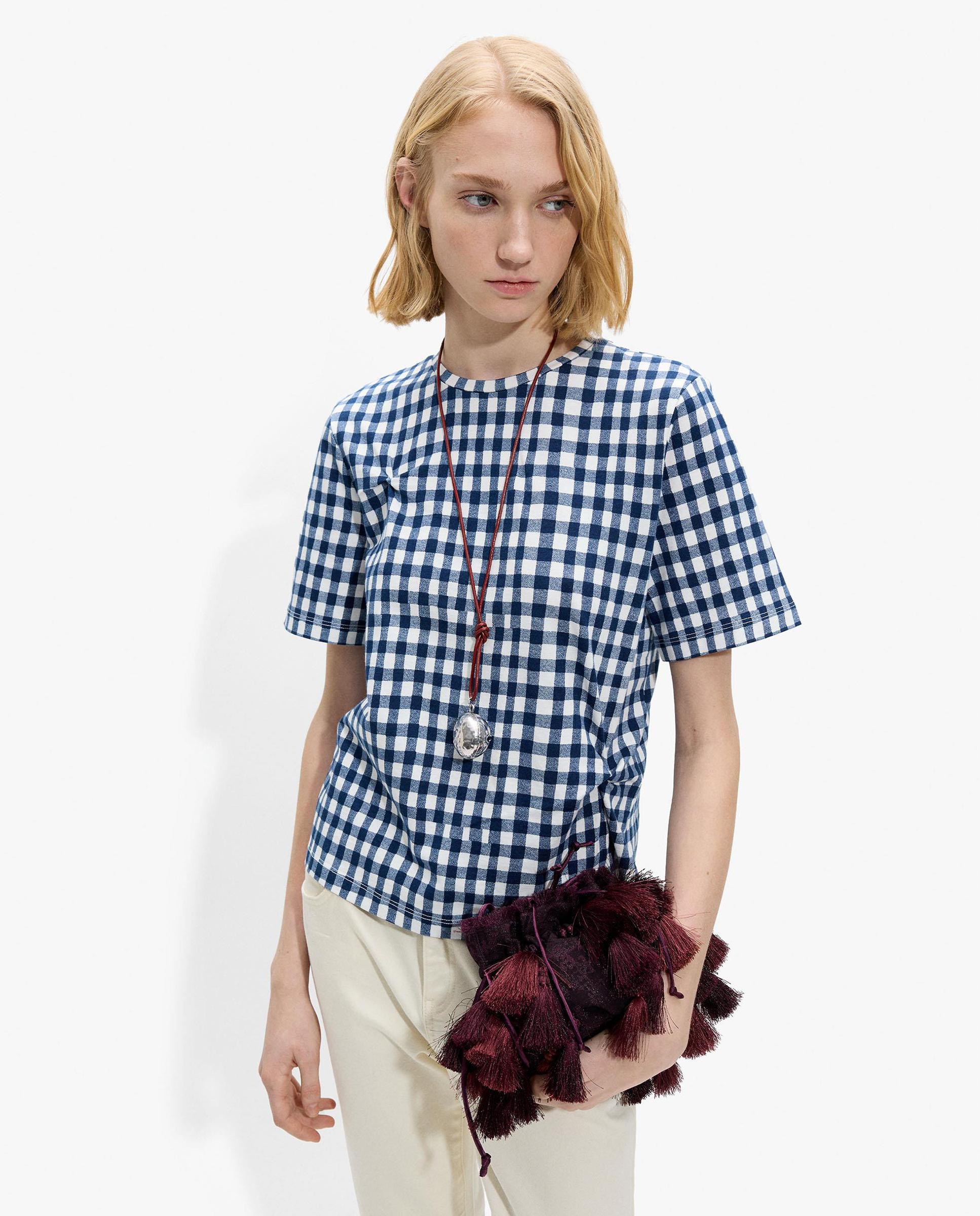 Parfois - Camiseta de mujer 100% algodón de manga corta con estampado vichy.