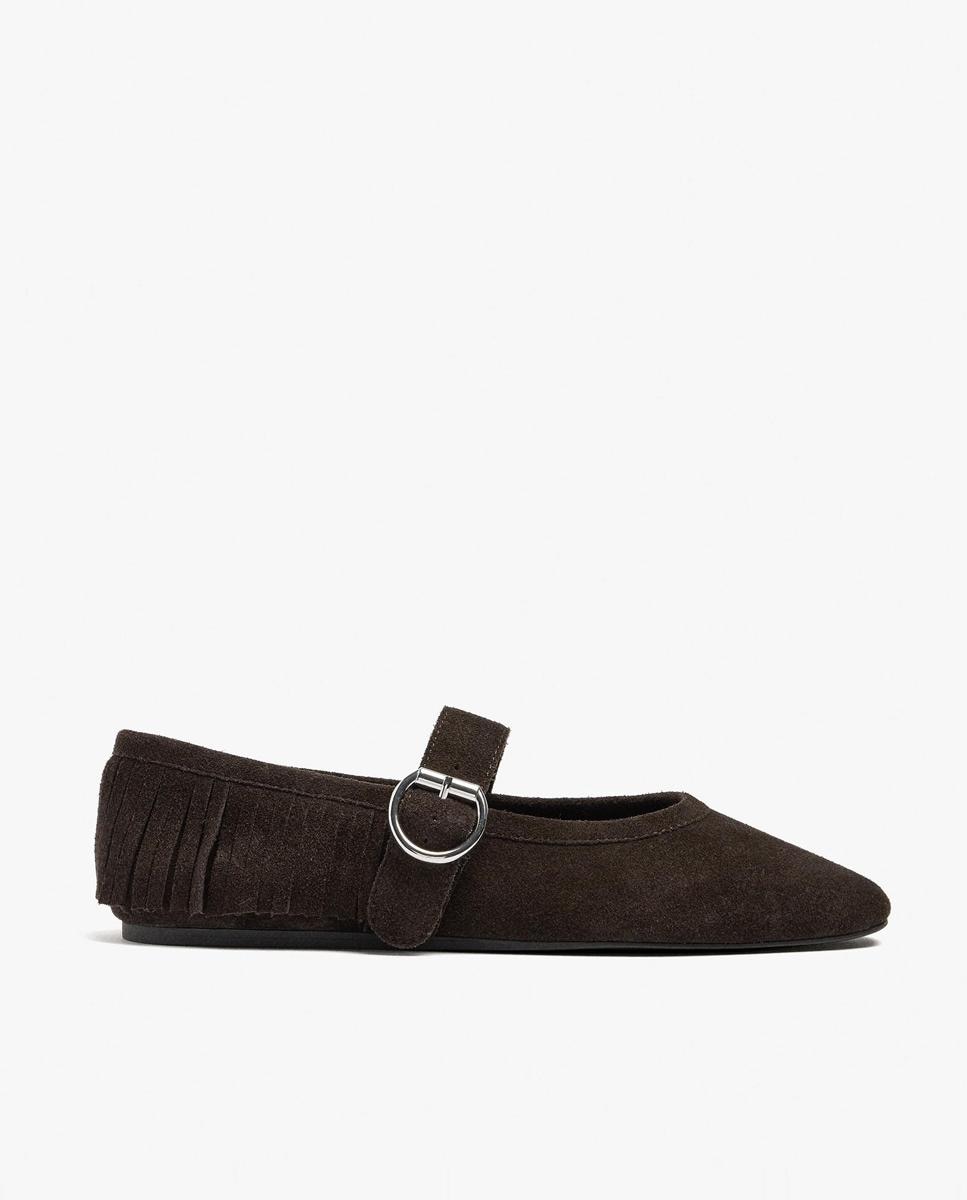 Parfois - Bailarinas planas de mujer en gamuza con hebilla lateral y detalles de flecos.