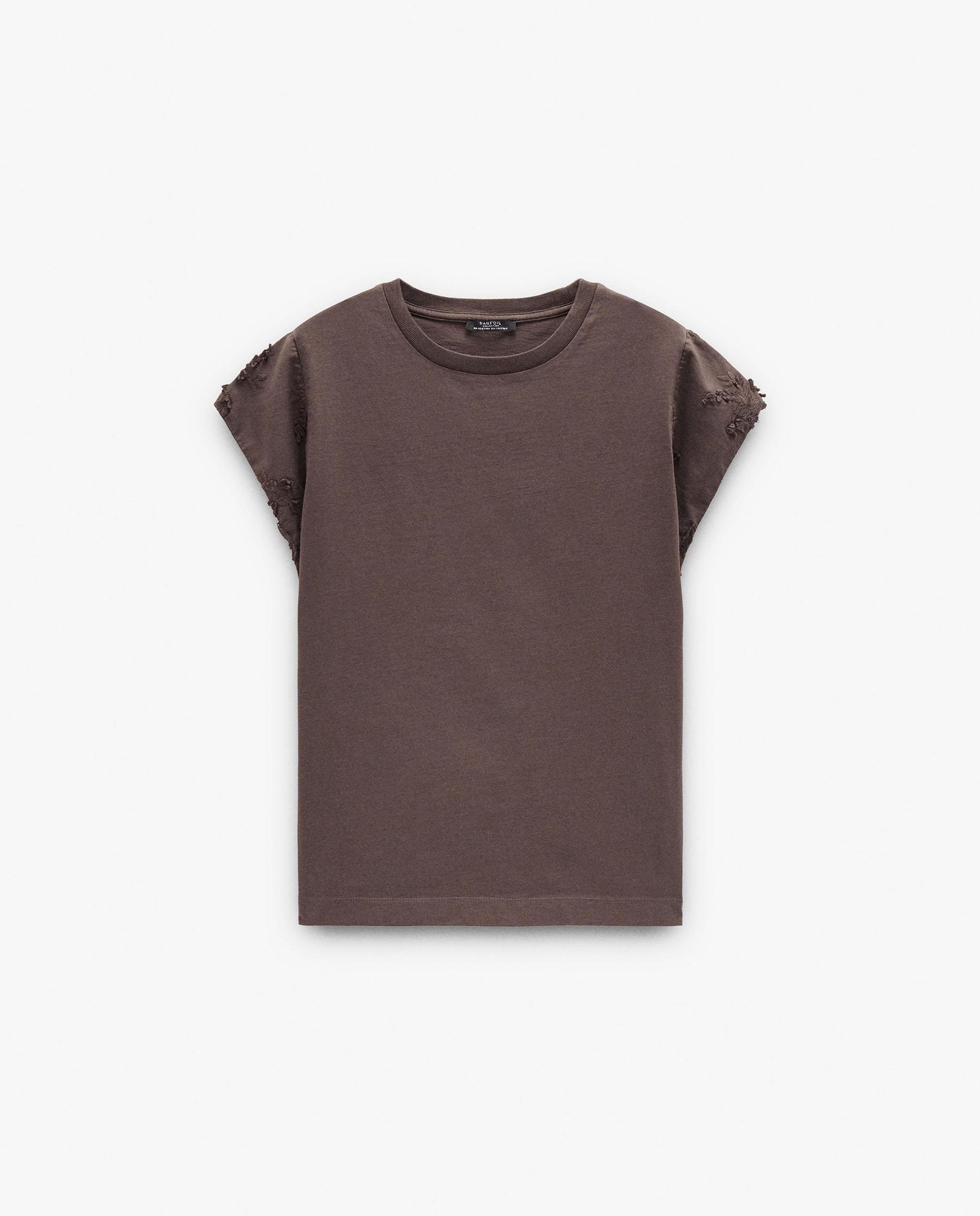 Camiseta de mujer 100% algodón de manga corta con bordados en mangas - Parfois - Marrón Marrón-7
