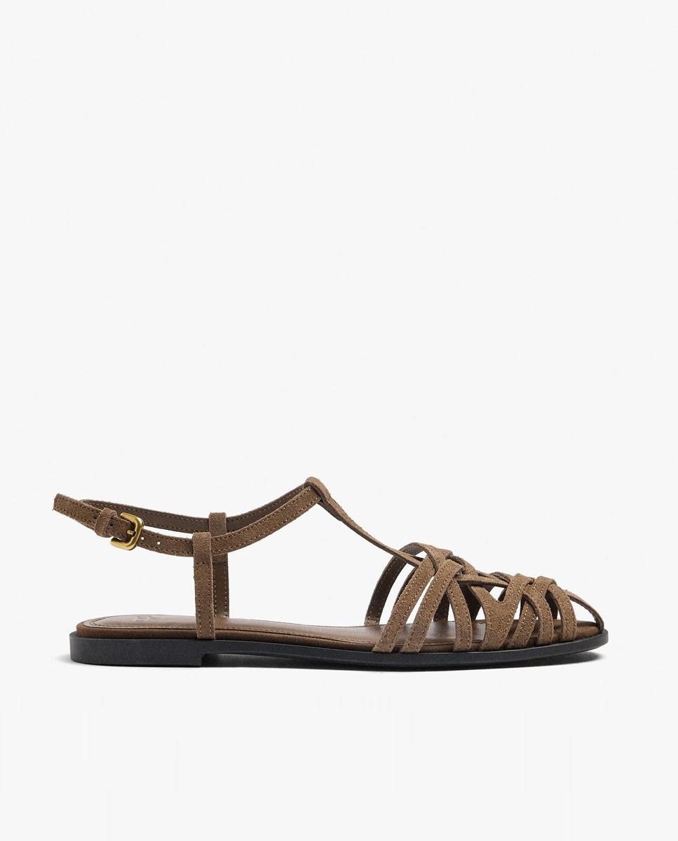 Sandalias planas de mujer de piel estilo cangrejeras con cierre de hebilla - Parfois - Camel Camel-1