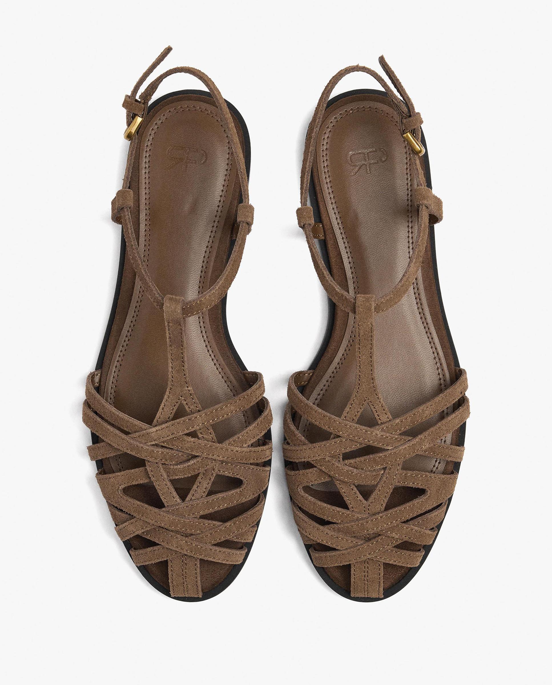 Sandalias planas de mujer de piel estilo cangrejeras con cierre de hebilla - Parfois - Camel Camel-3