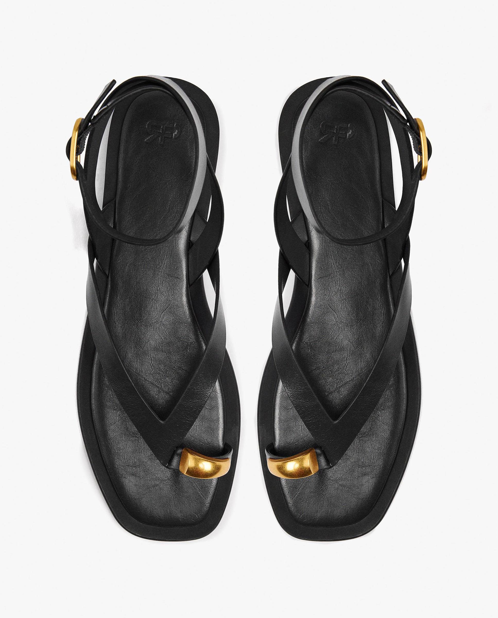 Sandalias de dedo de mujer de piel con cierre de hebilla - Parfois - Negro Negro-3
