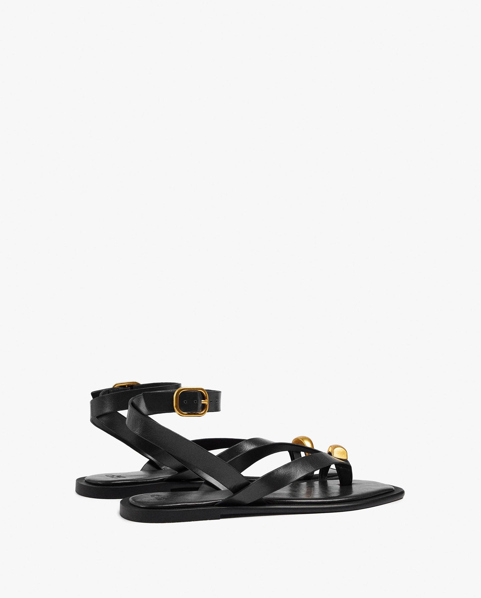 Sandalias de dedo de mujer de piel con cierre de hebilla - Parfois - Negro Negro-4