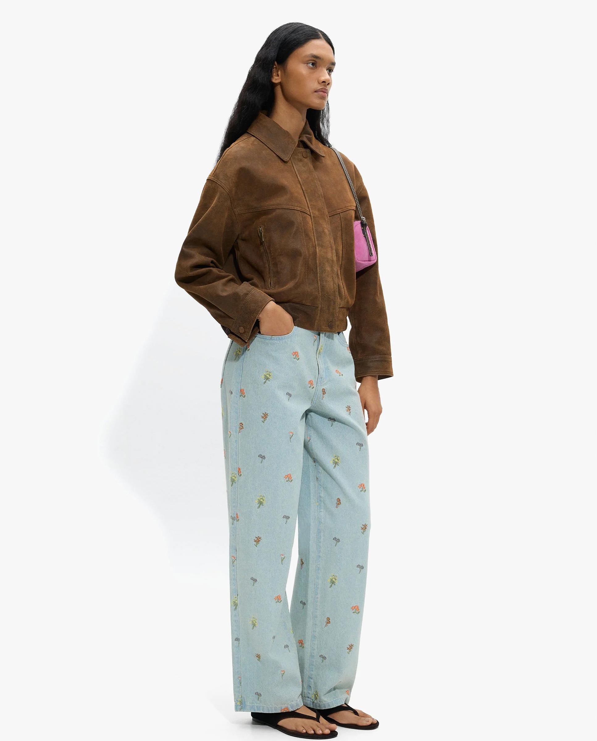 Parfois - Vaqueros rectos de mujer 100% algodón con bordados florales.