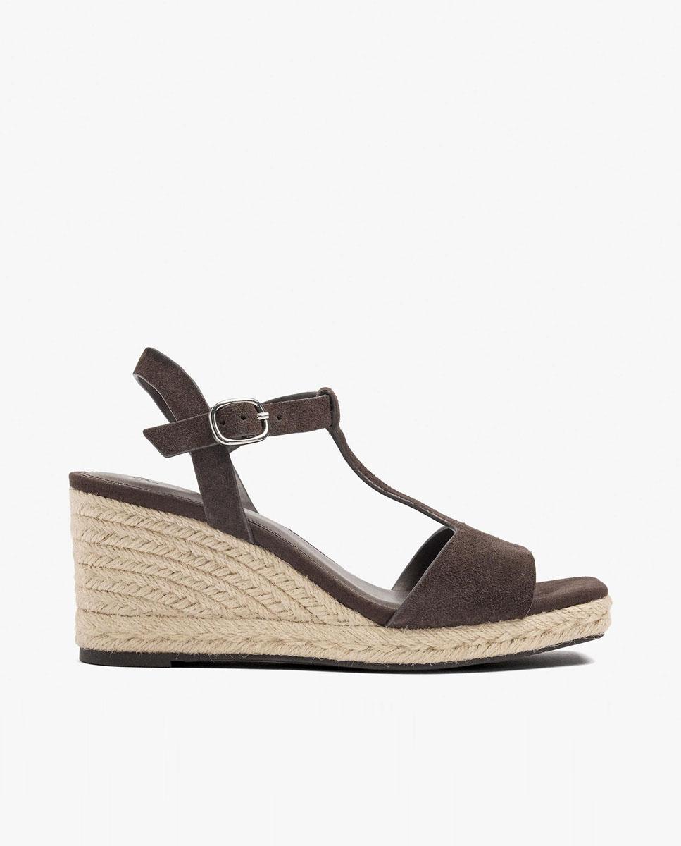 Sandalias de cuña de mujer de piel con cierre de hebilla en liso - Parfois - Marrón oscuro Marrón oscuro-1