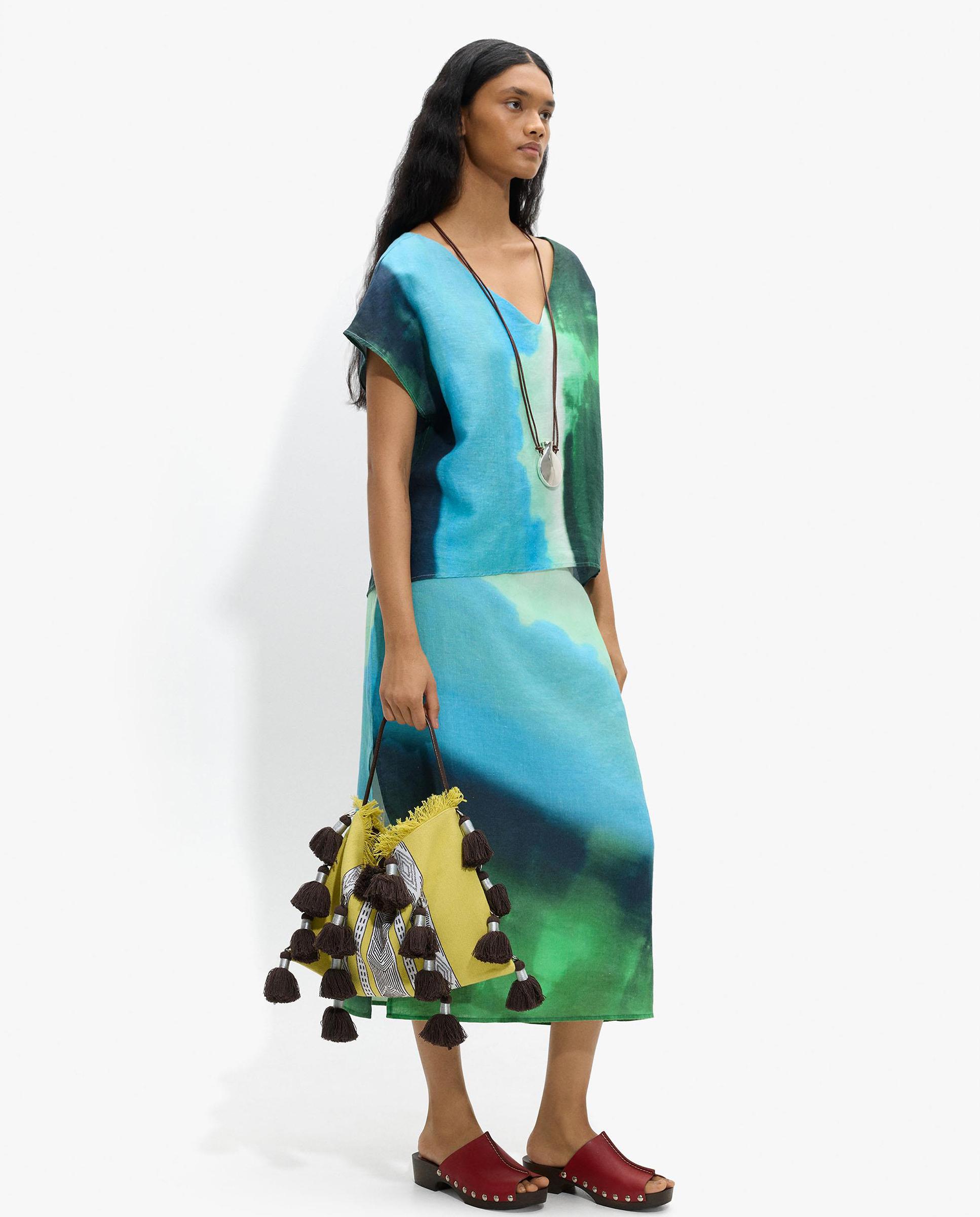 Parfois - Falda midi 100% lino con estampados.