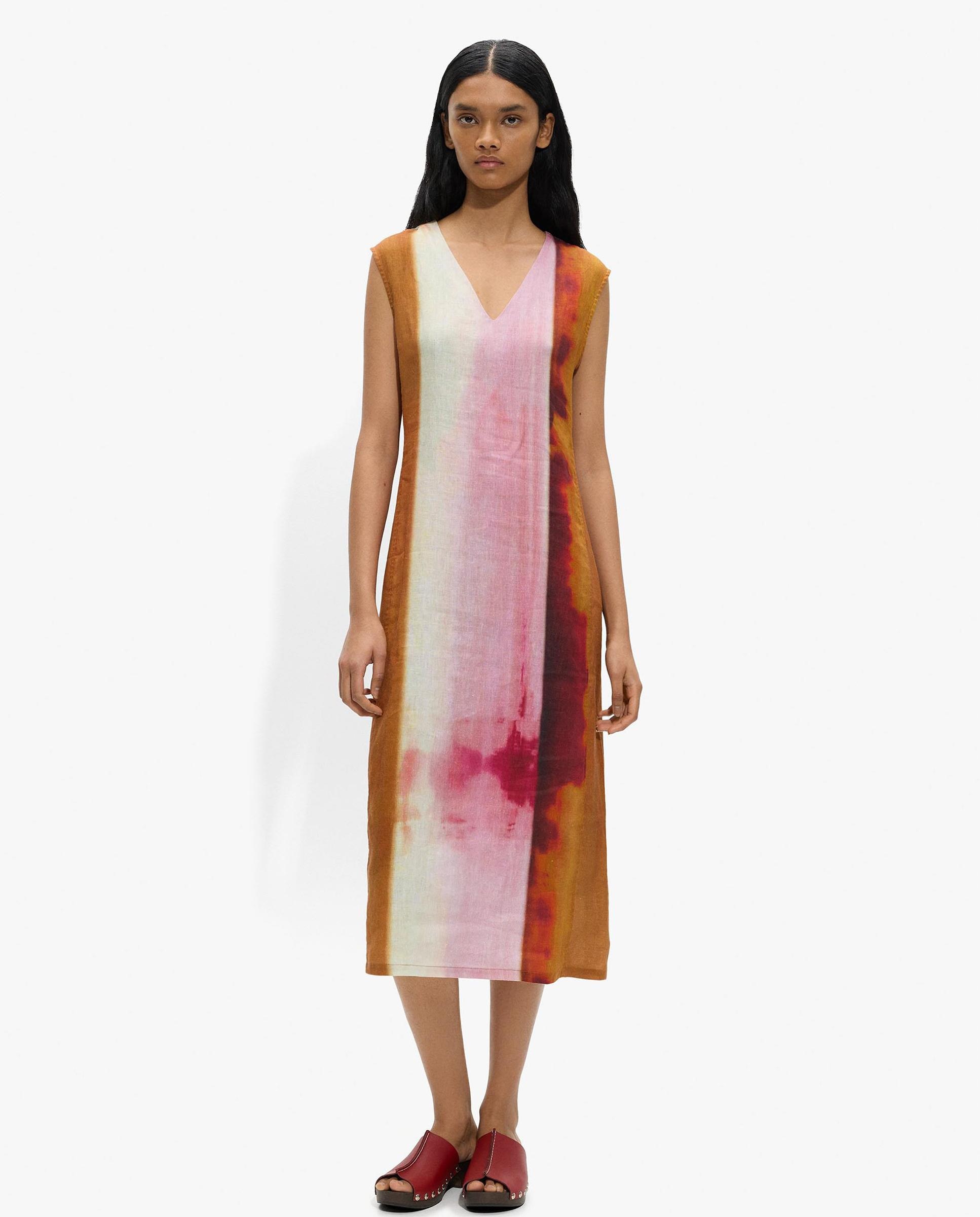 Parfois - Vestido midi 100% lino con estampado de rayas.