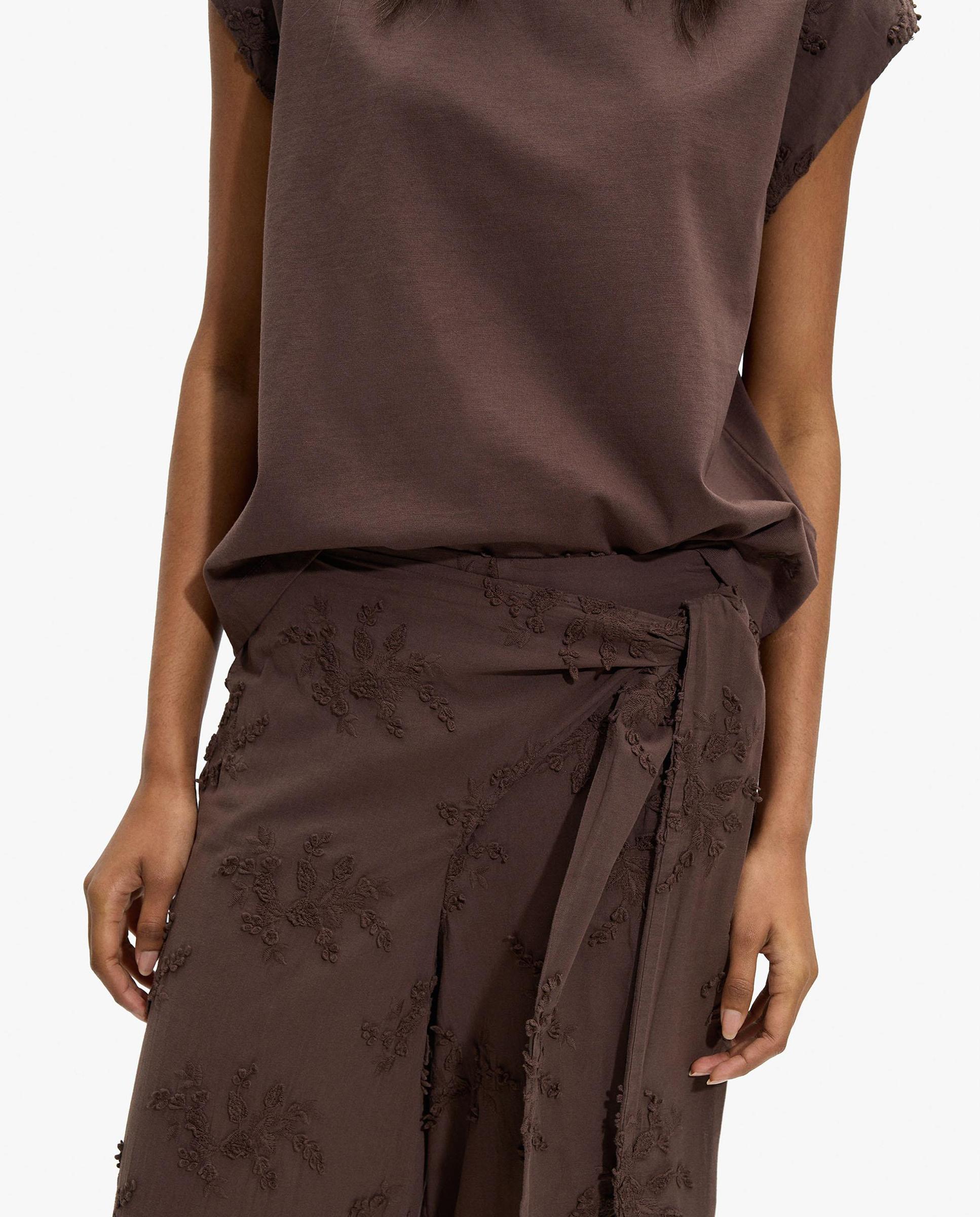 Pantalones de campana de mujer 100% algodón con bordados florales y tira para atar lateral - Parfois - Marrón oscuro Marrón oscuro-5