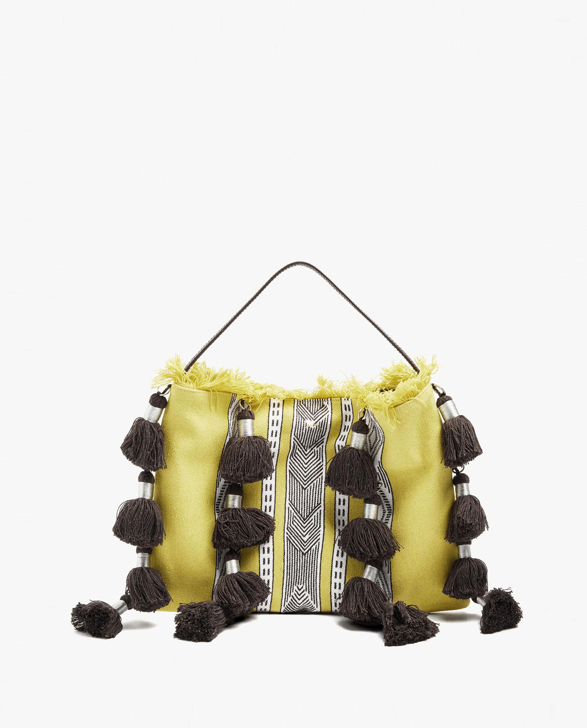 Bolso de fiesta 100% algodón con cierre imantado y estampados con borlas decorativas - Parfois - Amarillo Amarillo-1