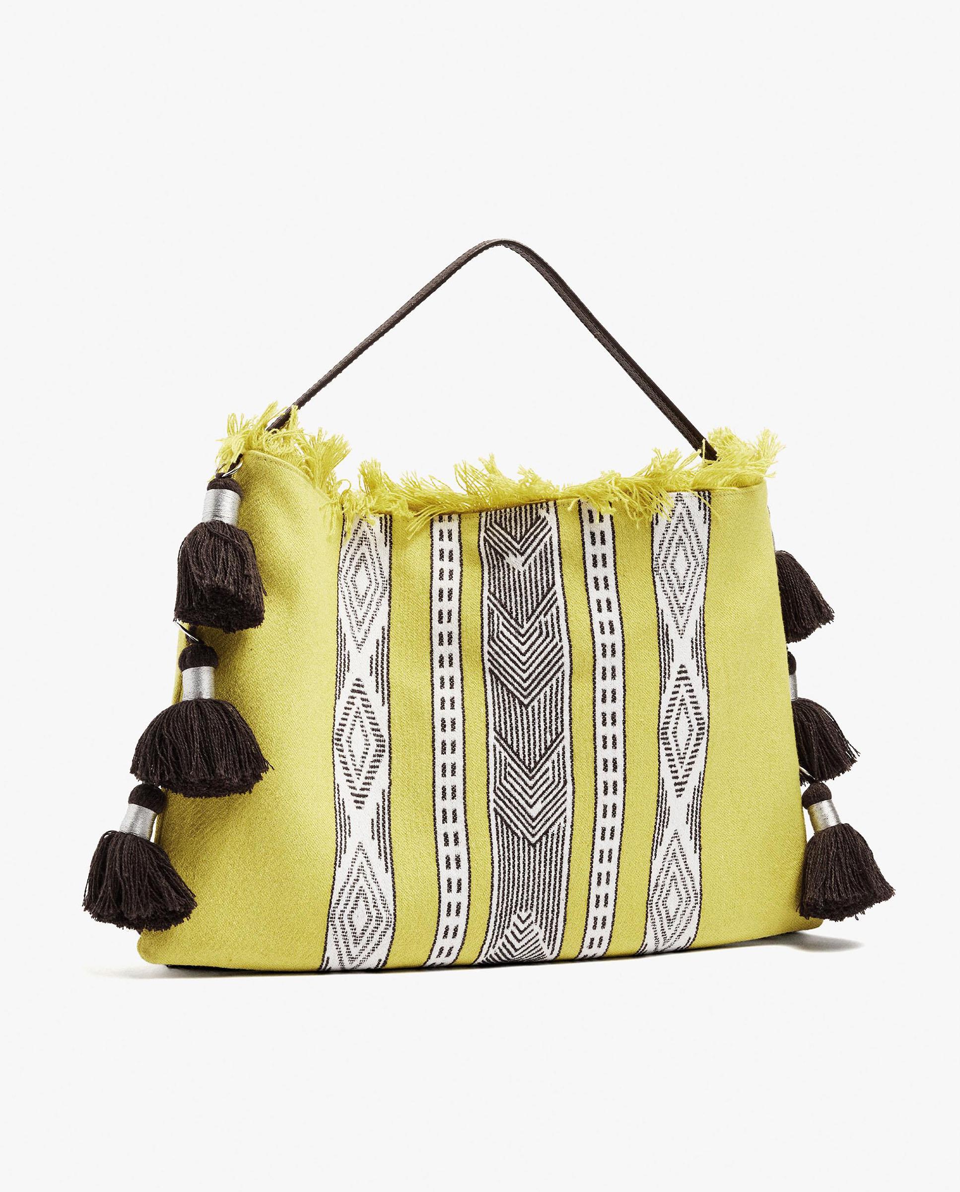 Bolso de fiesta 100% algodón con cierre imantado y estampados con borlas decorativas - Parfois - Amarillo Amarillo-3