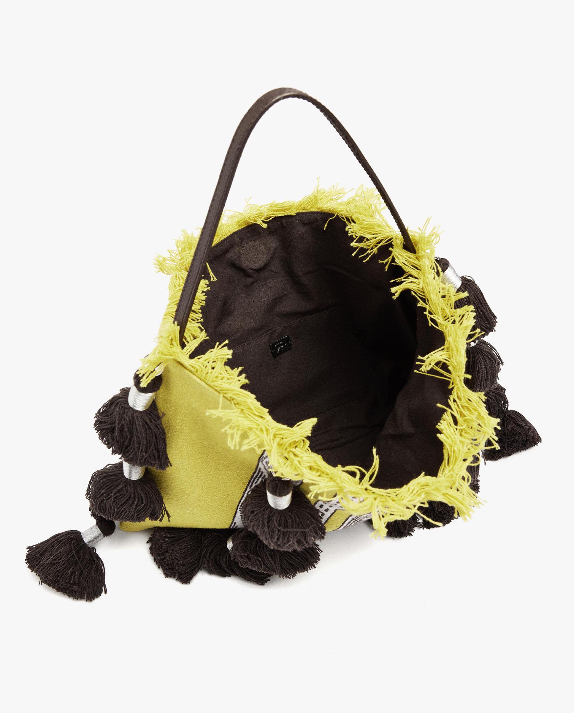 Bolso de fiesta 100% algodón con cierre imantado y estampados con borlas decorativas - Parfois - Amarillo Amarillo-4