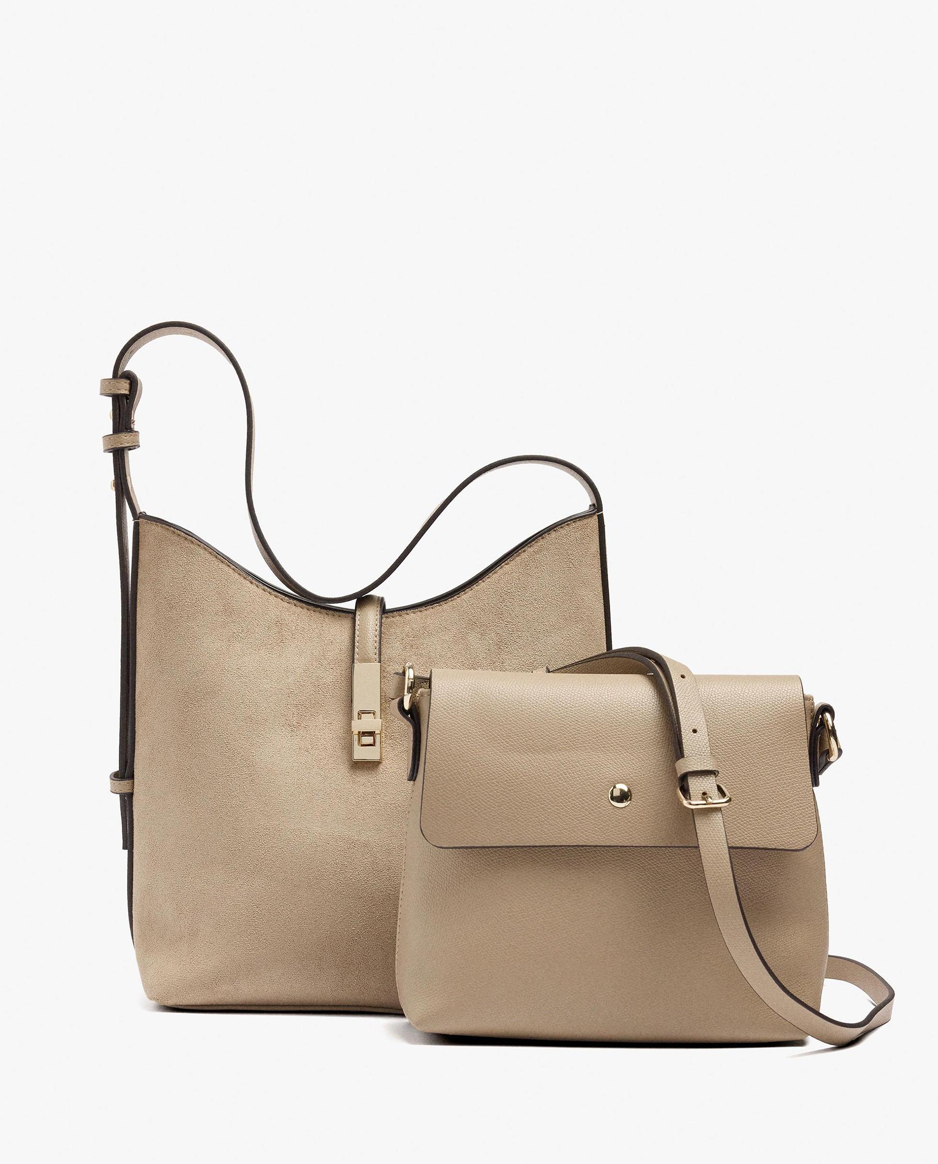 Bolso de hombro multiposición con neceser extraíble y cierre de botón en liso - Parfois - Topo Topo-3