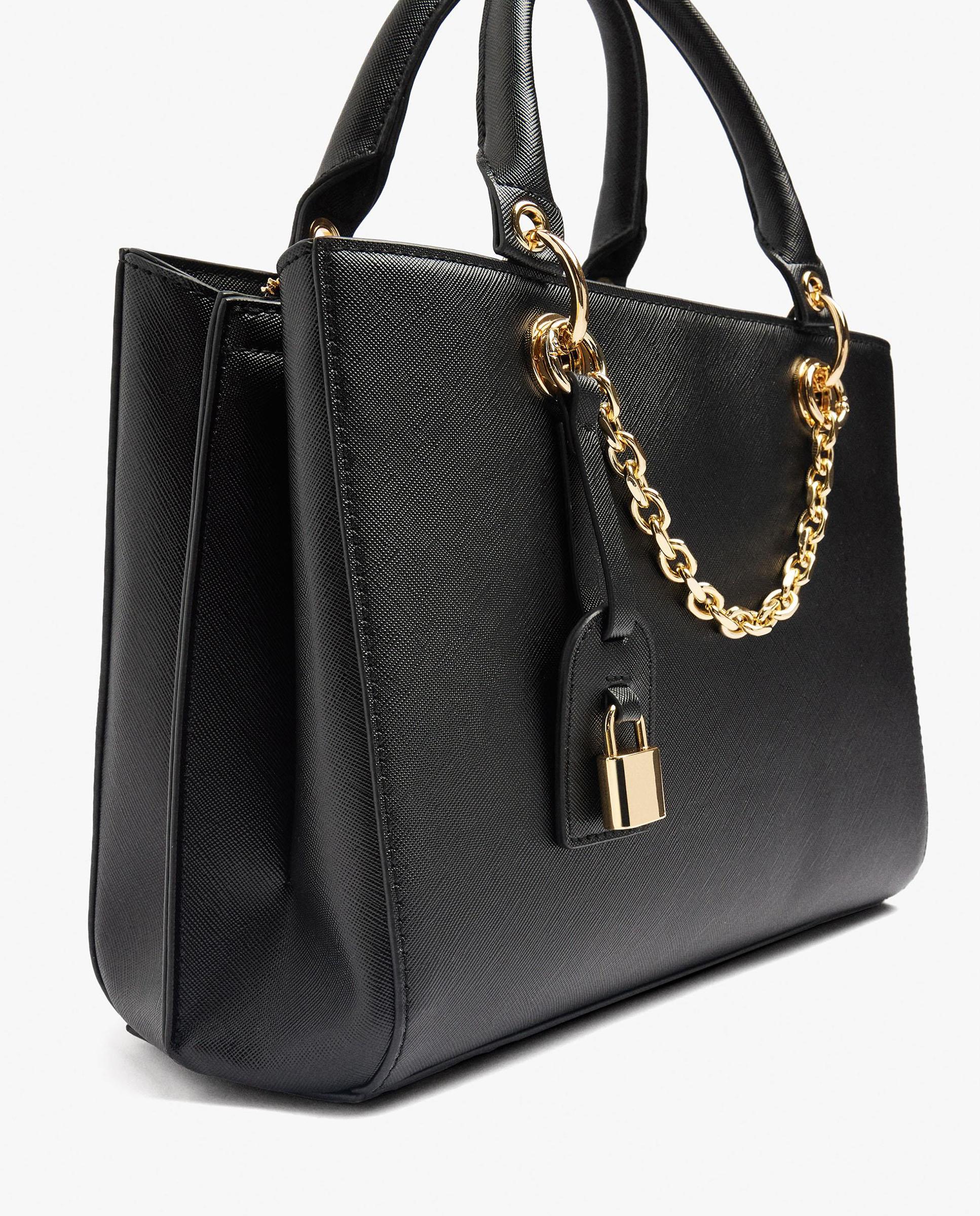 Bolso de mano estilo tote convertible a bandolera con varios compartimentos y cierre de cremallera en liso - Parfois - Negro Negro-3