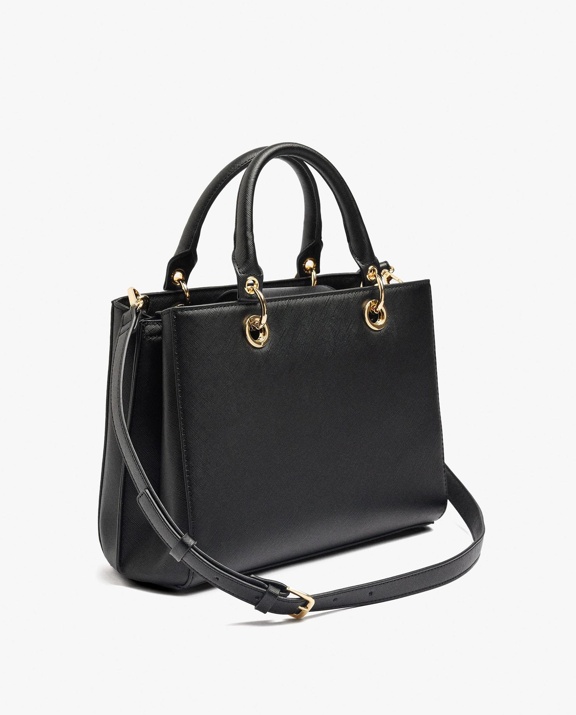 Bolso de mano estilo tote convertible a bandolera con varios compartimentos y cierre de cremallera en liso - Parfois - Negro Negro-2