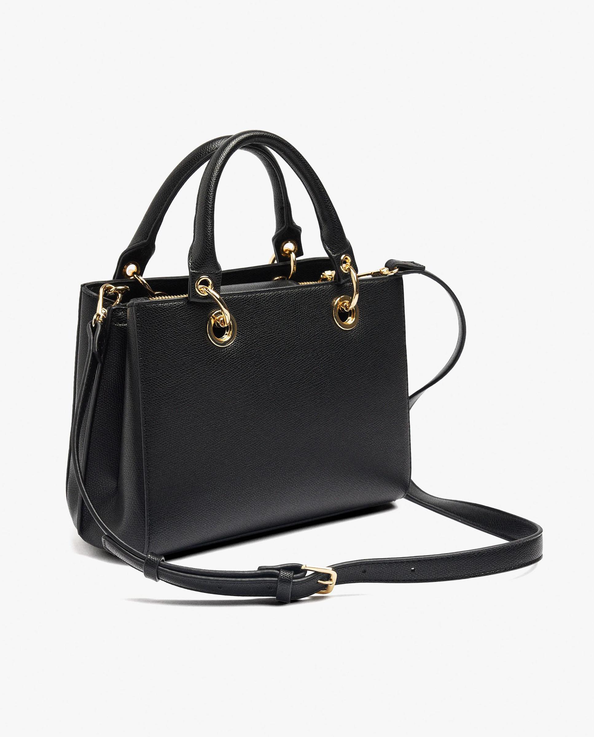 Bolso de mano estilo tote convertible a bandolera con varios compartimentos y cierre de cremallera en liso - Parfois - Negro Negro-2