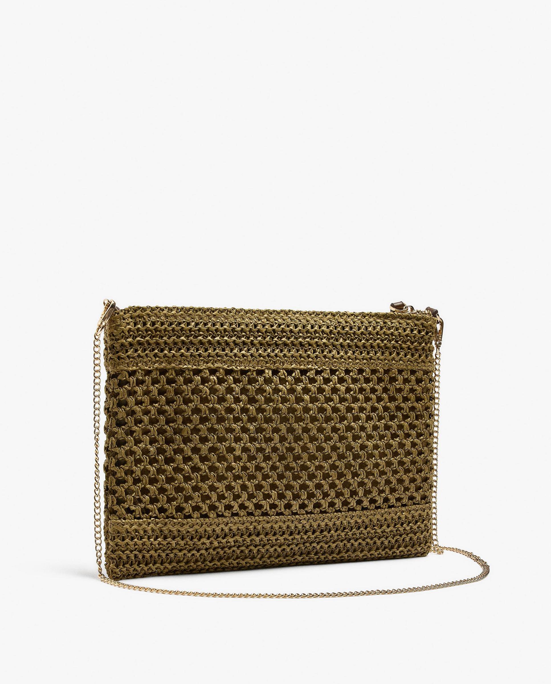 Bandolera de mujer estilo sobre efecto rafia con cierre de cremallera y llavero de pez - Parfois - Verde Verde-2