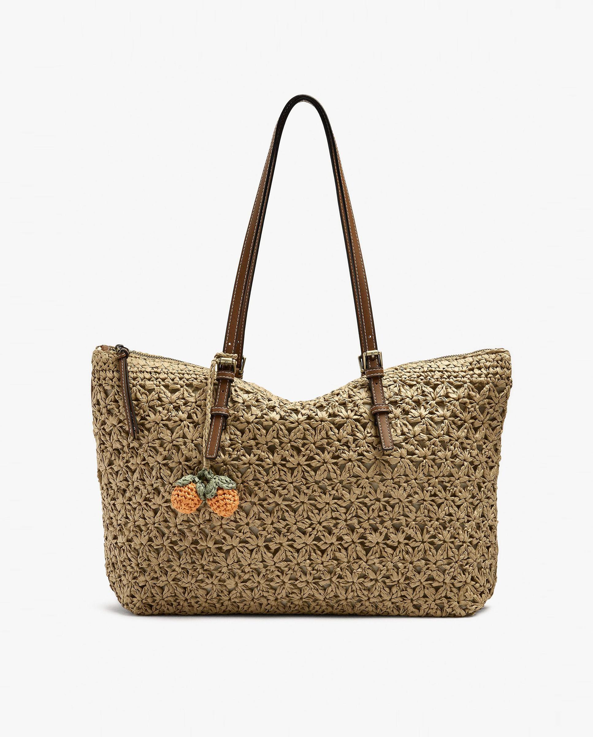 Shopper grande efecto rafia con cierre de cremallera en liso - Parfois - Natural Natural-1