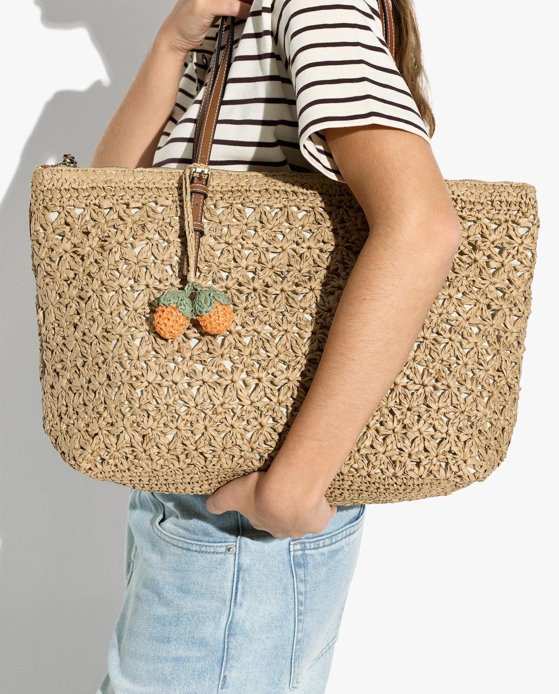 Shopper grande efecto rafia con cierre de cremallera en liso - Parfois - Natural Natural-2