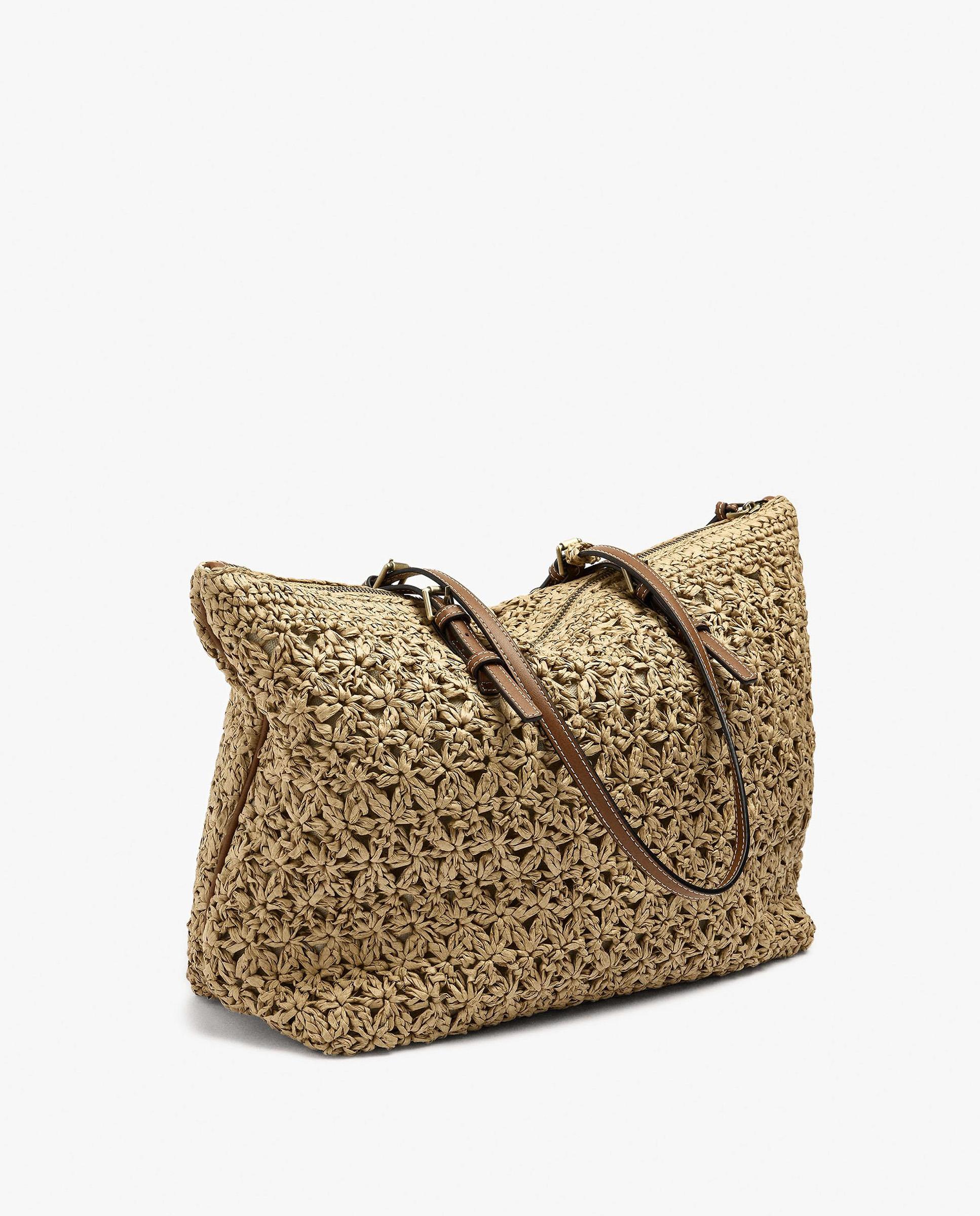Shopper grande efecto rafia con cierre de cremallera en liso - Parfois - Natural Natural-4